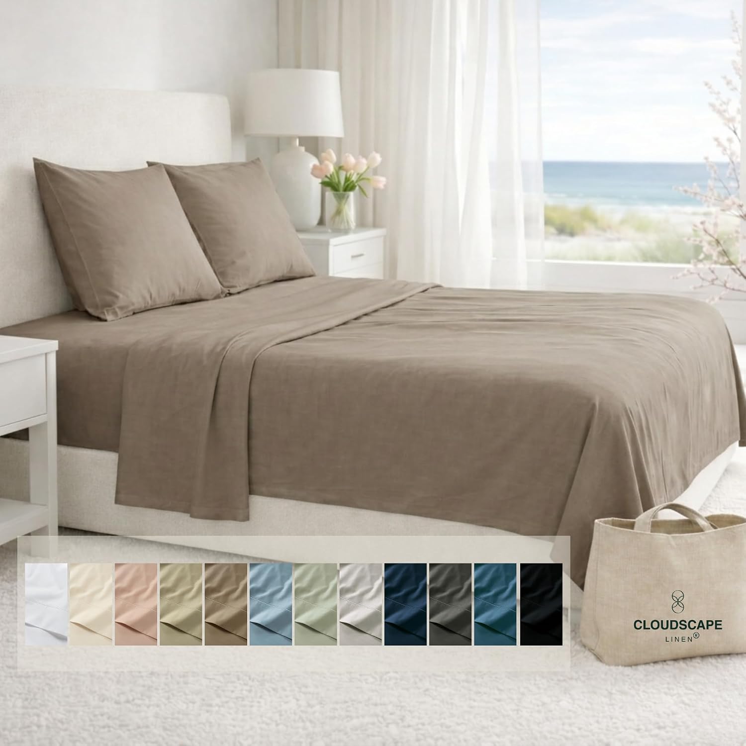 CLOUDSCAPE 100% Egyptian Cotton Sheets Queen Size, 4 Piece Breathable & Silky Sateen Weave Queen Sheet Set, Ultra-Soft & Perfect Cooling Hotel Luxury Sheets, Deep Pocket Fitted up to 15', Taupe