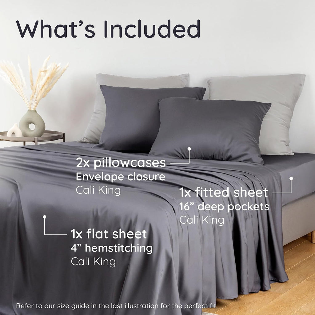 Bambaw California King Cooling Sheets Set 4pcs – 100% Viscose Derived from Bamboo Sheets Extra Deep Pockets, Soft & Breathable Bedding Set, Fits Up to 16'' with Elastic Corner Straps (Charcoal)