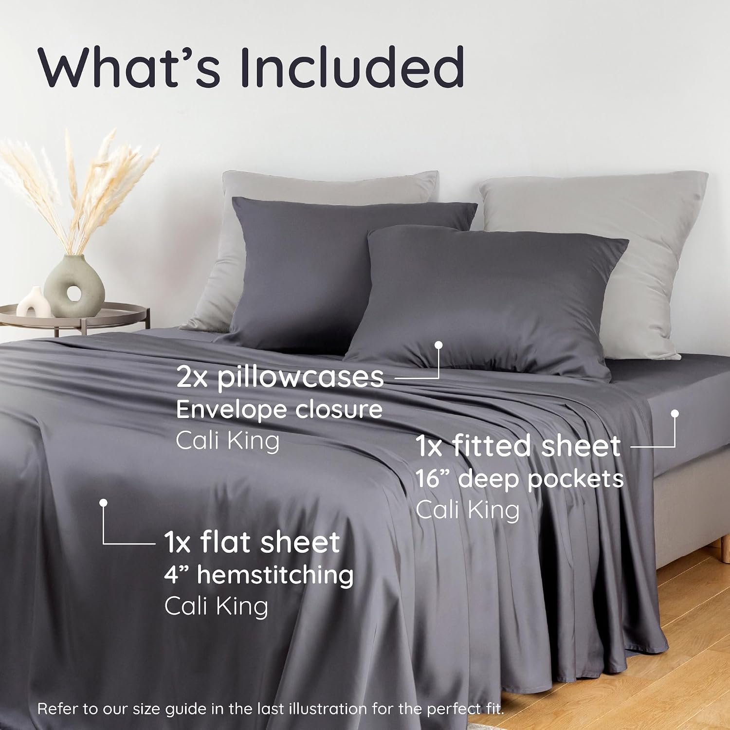 Bambaw California King Cooling Sheets Set 4pcs – 100% Viscose Derived from Bamboo Sheets Extra Deep Pockets, Soft & Breathable Bedding Set, Fits Up to 16'' with Elastic Corner Straps (Charcoal)