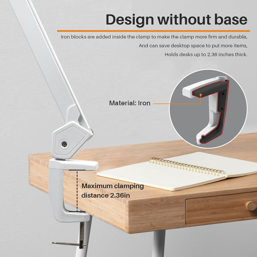 LED Architect Desk Lamp with Clamp, Metal Swing Arm 2300 Lumens Dimming Office Table Lamp for Task Work Drafting Reading Desktop, 180PCS Bright LEDs, 30W Workbench Lamp(White)