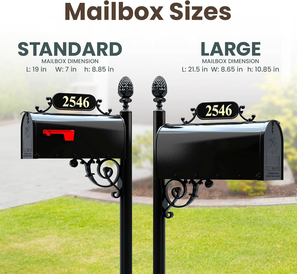 Charleston Mailbox & Post System – Black Rust Resistant Mailbox – Includes Address Plaque, Numbers, Scroll & Mounting Hardware (Standard)