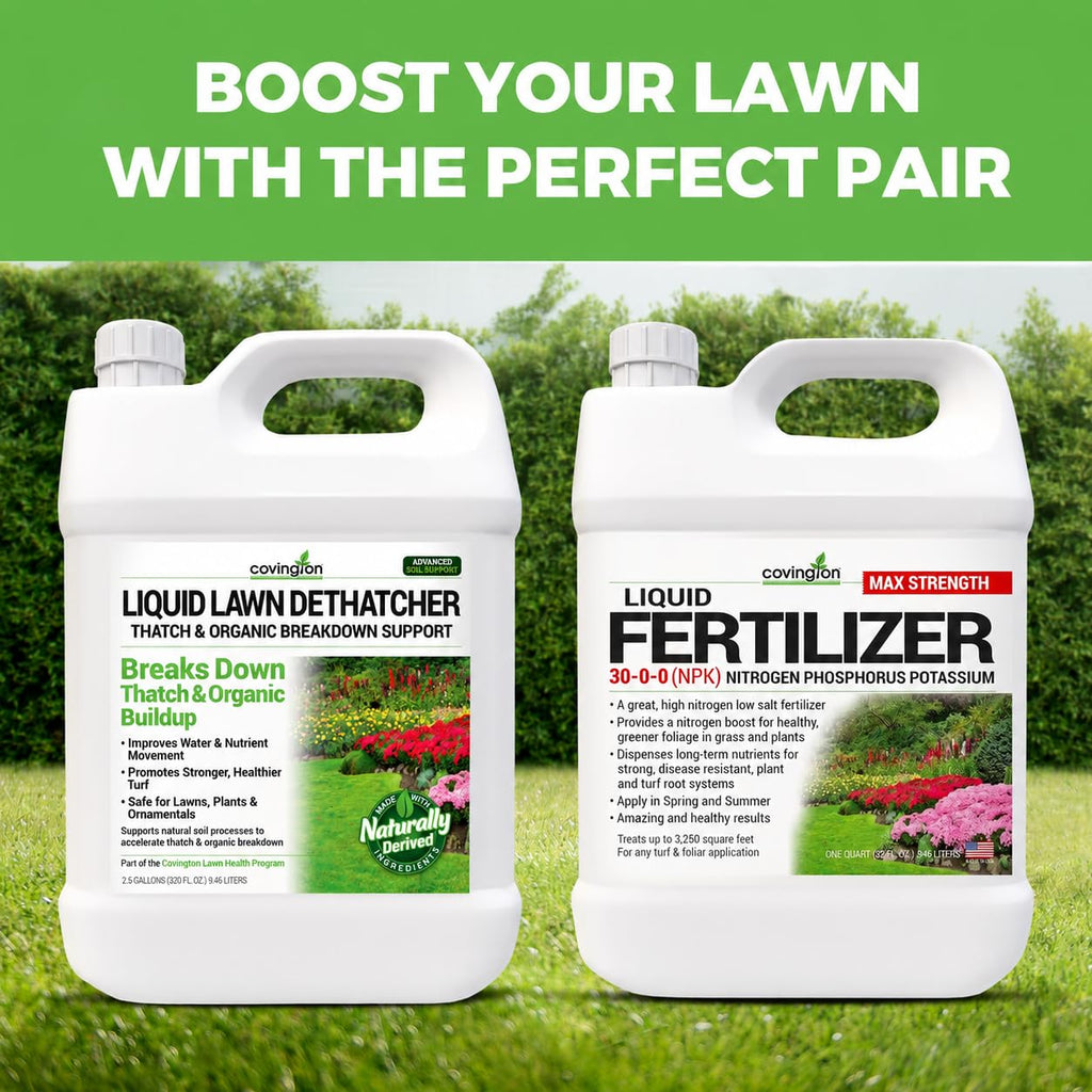 Covington Liquid Lawn Dethatcher (2.5 Gal) – Liquid Aerator Concentrate & Humic Thatch Remover, Soil Softener & Grass Thatch Buster for Lawns & Gardens – Kids & Pet Safe, Made in USA