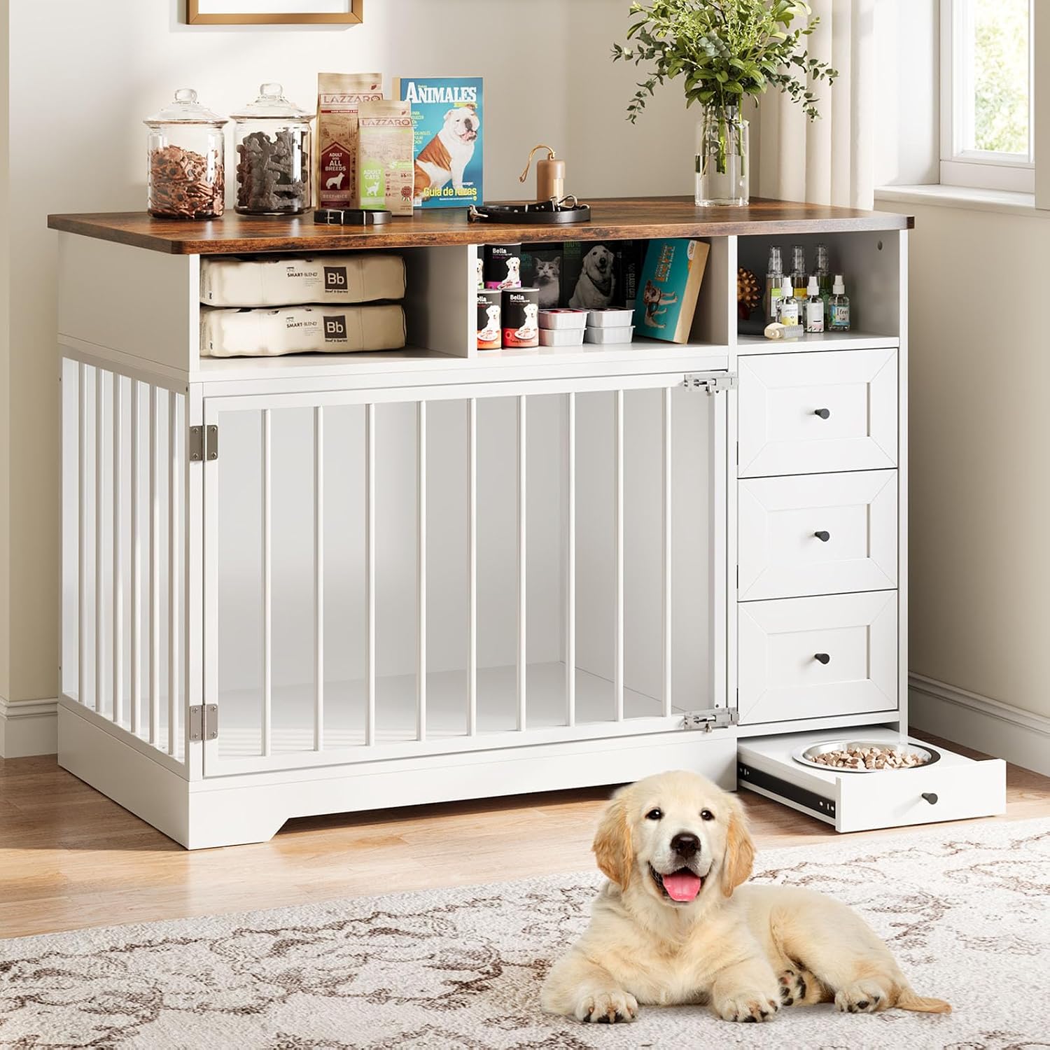 GarveeLife 48'' Dog Crate Furniture, Farmhouse Heavy Duty Dog Kennel with Bowl & Storage Drawers, Medium Dog Cage End Table for Small Medium Dogs, White