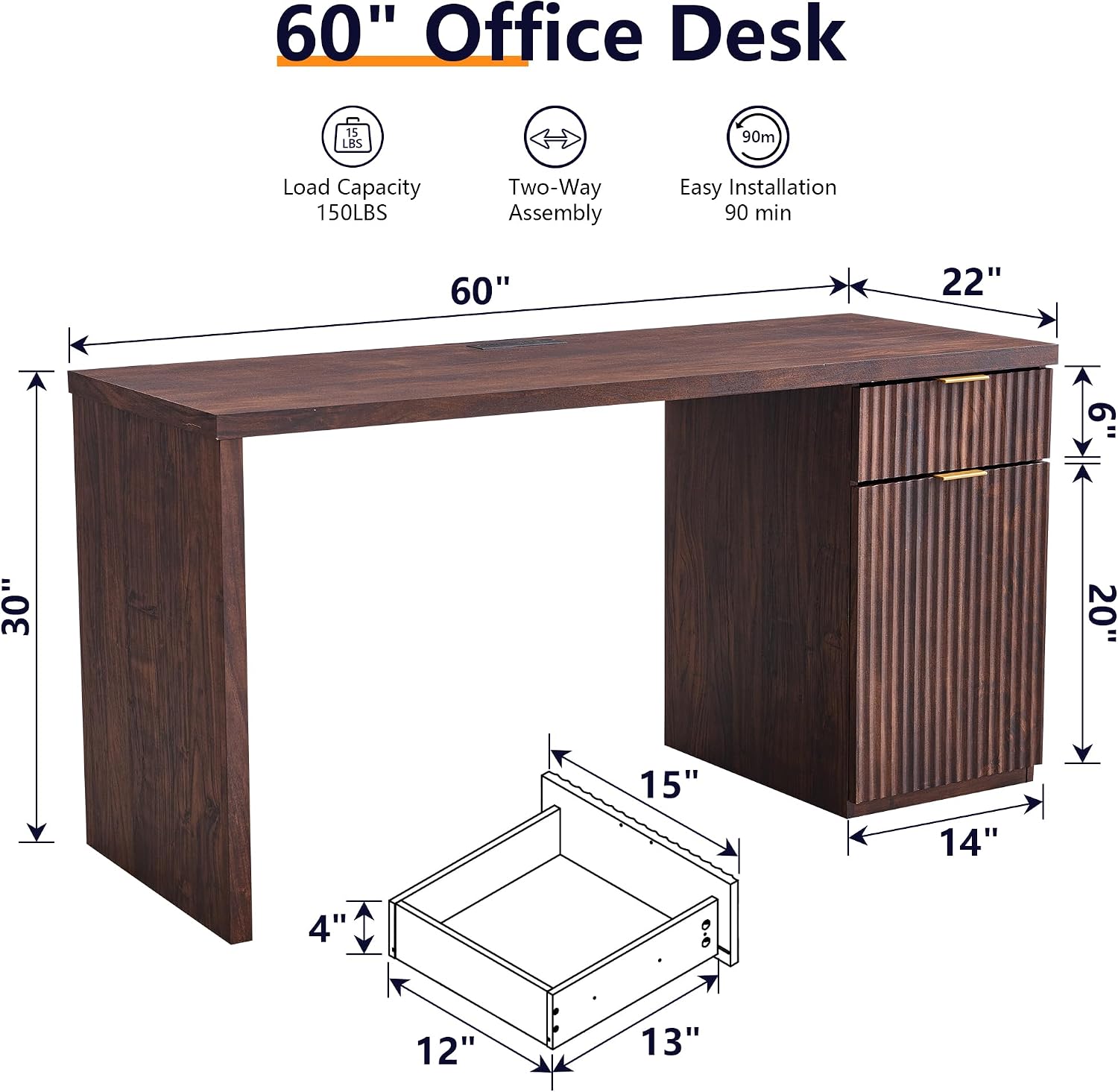 JXQTLINGMU 60' Modern Executive Desk with Storage, Wood Home Office Desk with Drawer & Cabinet, Fluted Computer Writing Desk for Study, Living Room, Bedroom, Dark Walnut