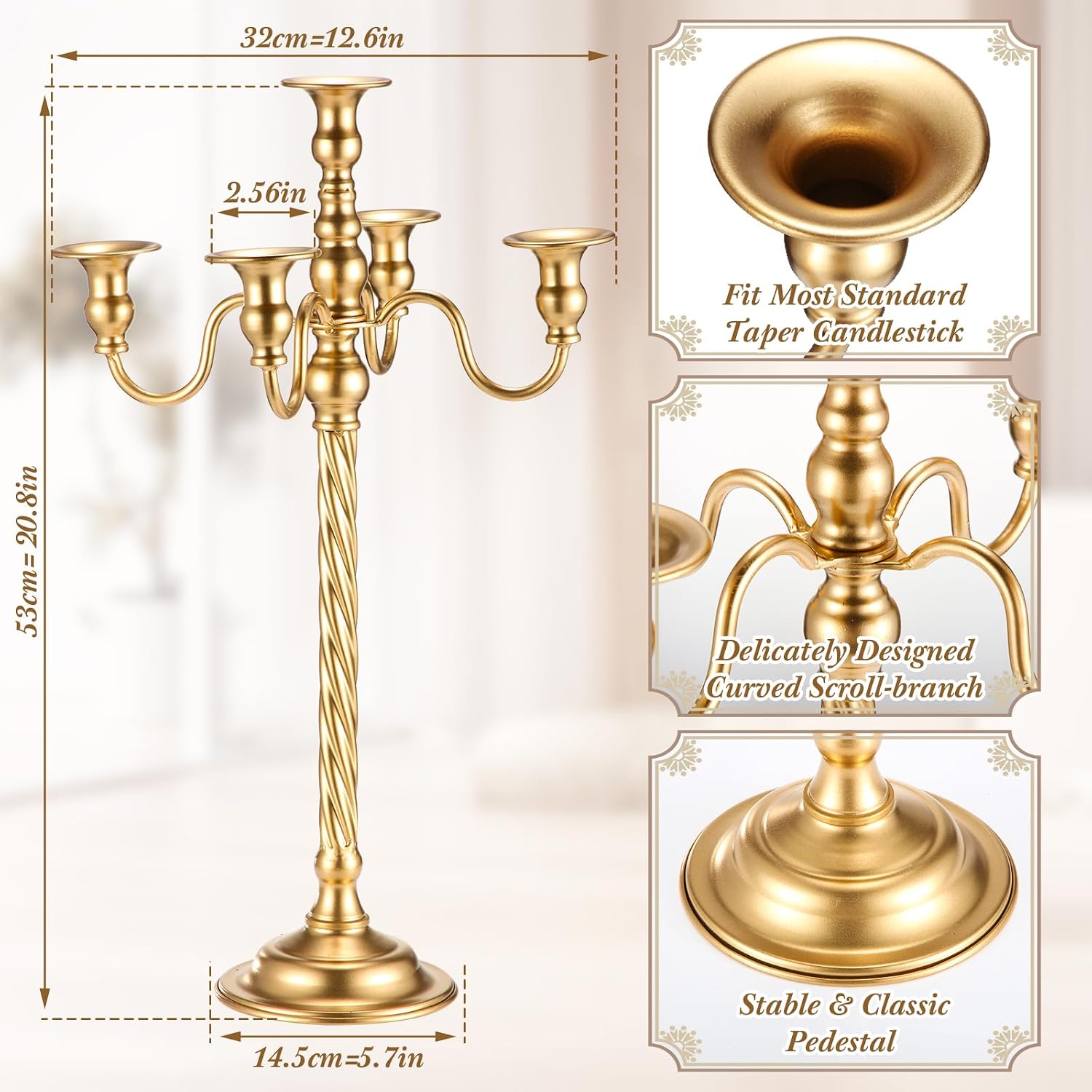 Tanlade 6 Pack Wedding Gold Candelabra Table Centerpieces 21 Inch Tall Candelabra Metal Candle Holder 5 Arm Taper Candlestick Flower Floor Candle Stand for Anniversaries Easter Birthday Holiday Party