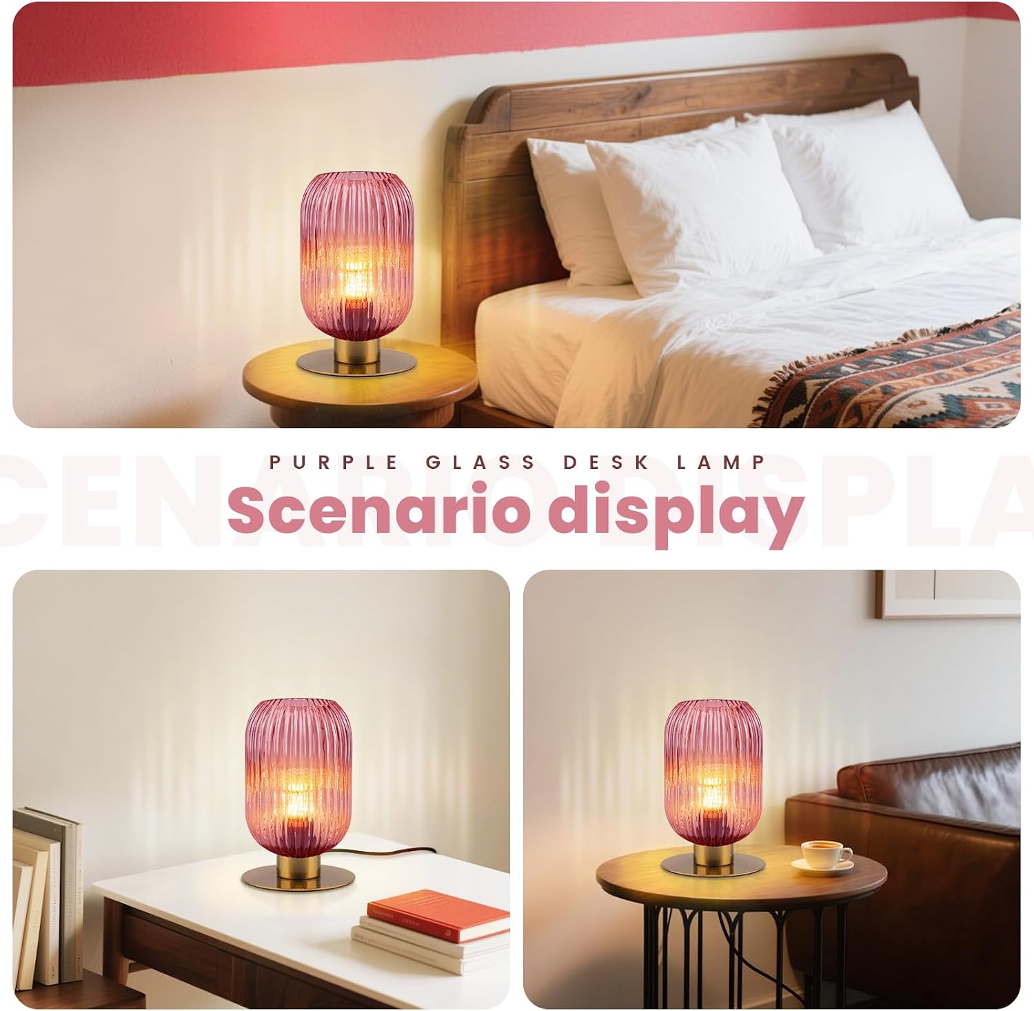 Small Table Lamps Set of 2, Mid Century Glass Desk Lamp Retro Nightstand Lamp with Gold Metal Base, Cute Bedside Lamp Pink Table Lamp for Girls Bedroom Study Room