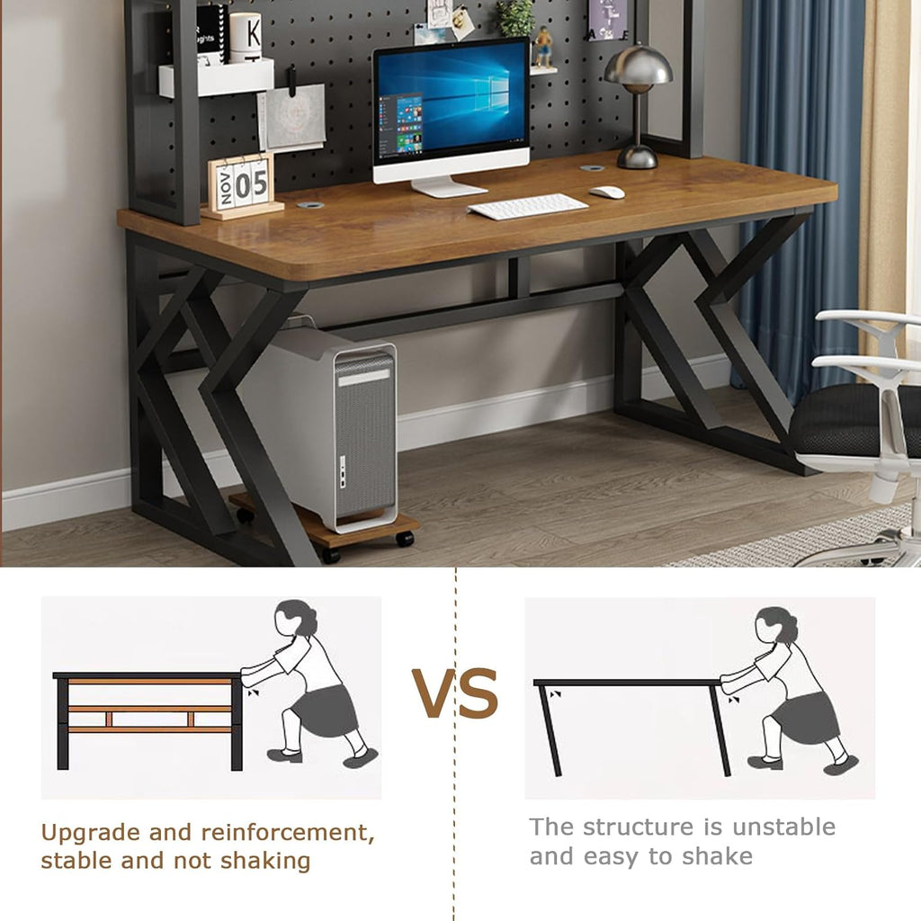 Gaming Desk with Bookshelf Combo, Computer Desk with Pegboard, Large Writing Table with Desktop Shelves, Ample Leg Room, for Home Office (White, 31.4in)