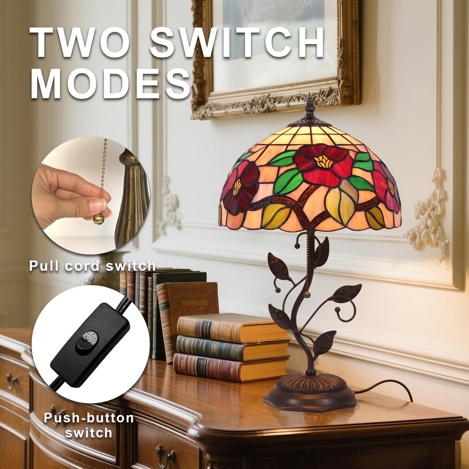 Tiffany Table Lamp, Stained Glass Crabapple Flower Design, with Metal Leaf Base, 12x12x19 Inch for Bedroom, Living Room, Home, Office