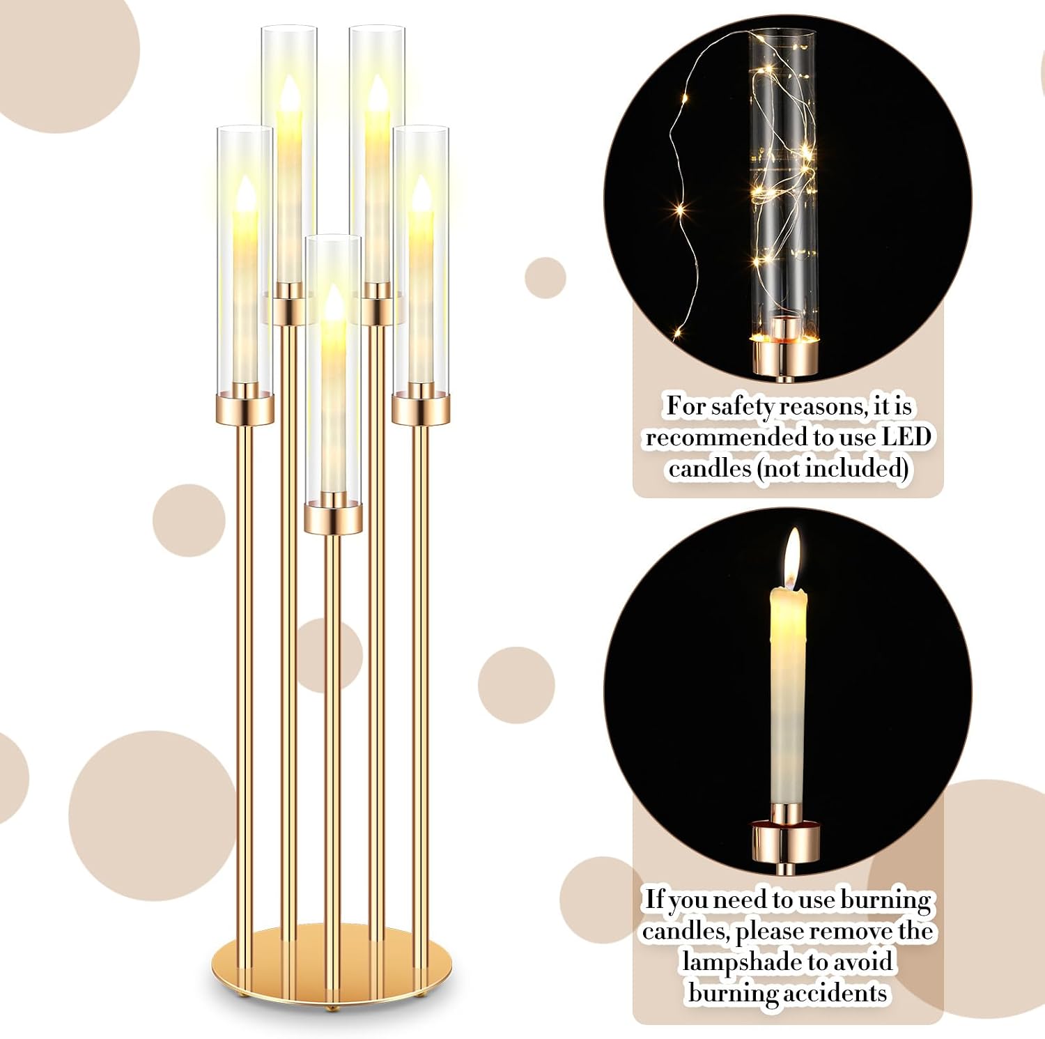 Tandefio 4 Set 5 Arm Gold Candelabra Centerpieces for Table, 35'' Tall Wedding Metal Candlestick Floor Holder Acrylic Clear Lampshades with 20 LED Candles for Wedding Party Event Table Fireplace Decor