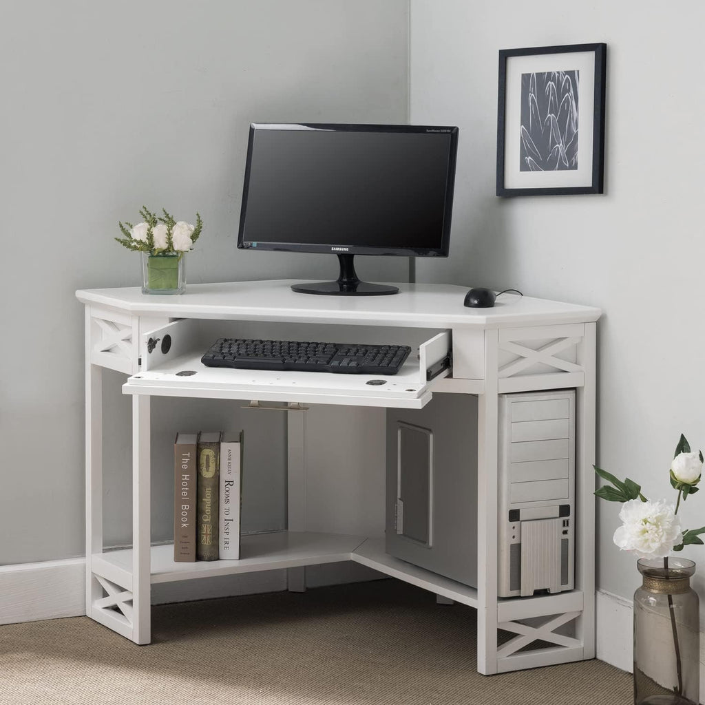 Leick Home Sage Corner Office Desk, Solid Wood, with Drop Front Keyboard Drawer, White, 85430