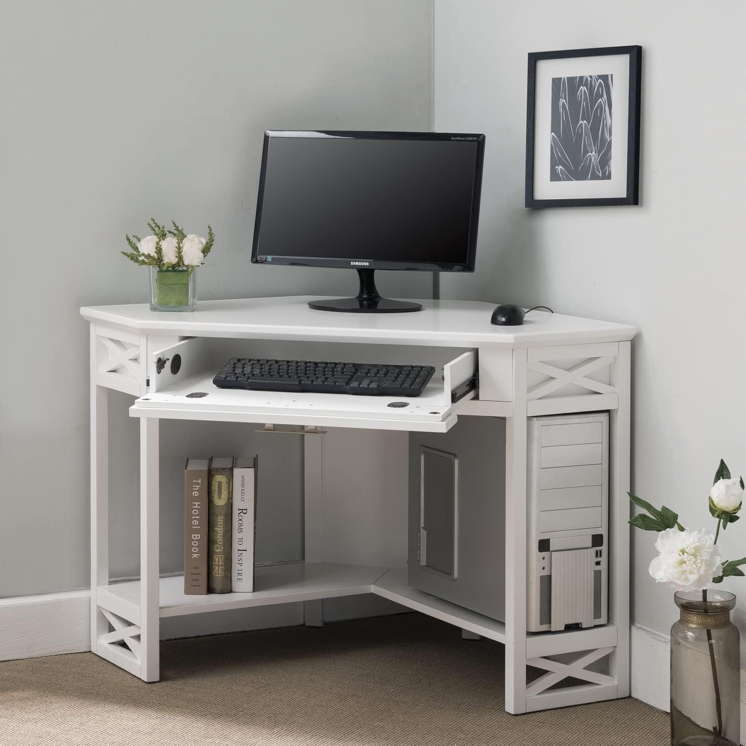 Leick Home Sage Corner Office Desk, Solid Wood, with Drop Front Keyboard Drawer, White, 85430