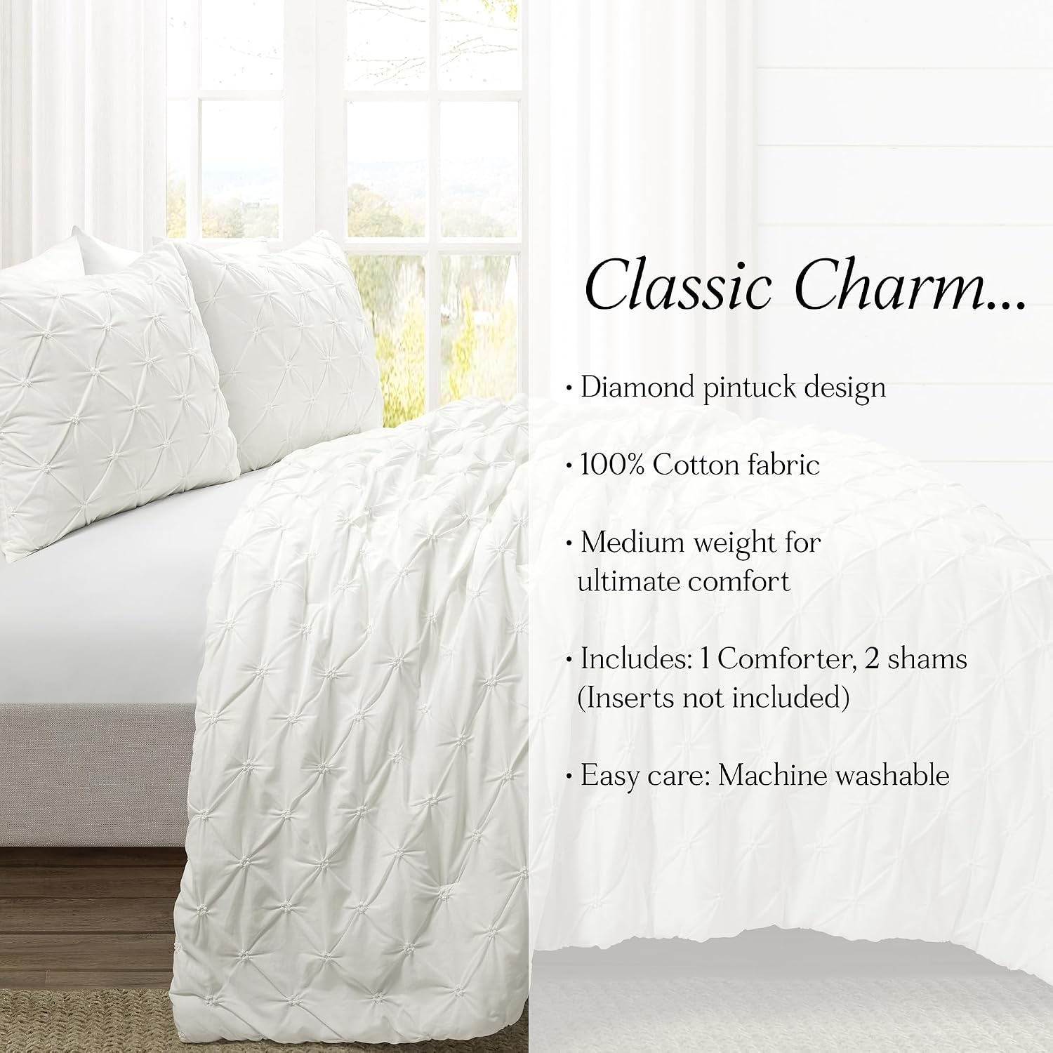 Lush Decor Ravello Pintuck Cotton Comforter Set - Luxe 3 Piece Textured Bedding Set - Traditional Glam & Farmhouse Inspired Bedroom Decor - Full/ Queen, White