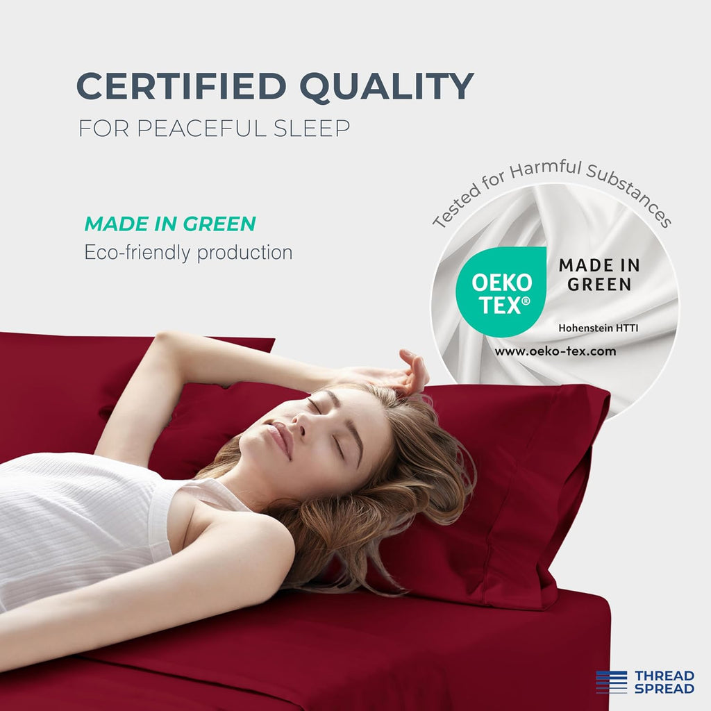 THREAD SPREAD 100% Egyptian Cotton Sheets Queen Size - Luxury 1500 Series Queen Sheet Set Egyptian Cotton (4 PC, Burgundy), Silky Soft, Sateen Weave, Cooling & Breathable, 17' Deep Pocket Bed Set