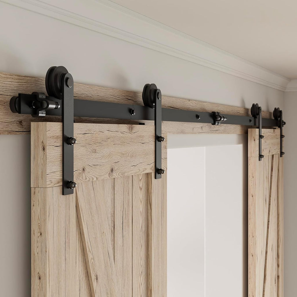CCJH 4FT Sliding Barn Door Hardware Kit, Heavy Duty, Smoothly and Silently, Easy to Install, Fit 12' Width Double Door Panel, I Shaped Hangers Black