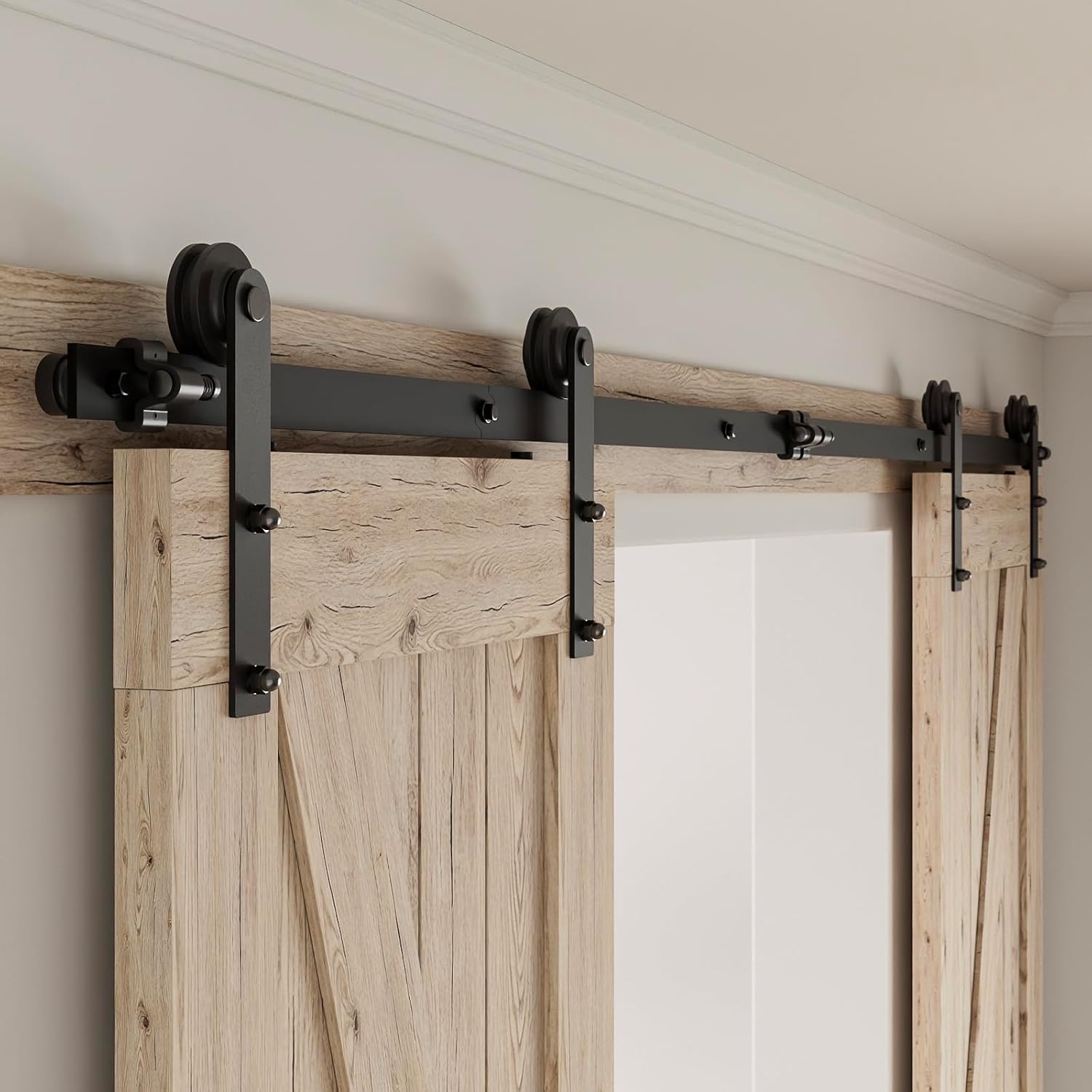 CCJH 4FT Sliding Barn Door Hardware Kit, Heavy Duty, Smoothly and Silently, Easy to Install, Fit 12' Width Double Door Panel, I Shaped Hangers Black
