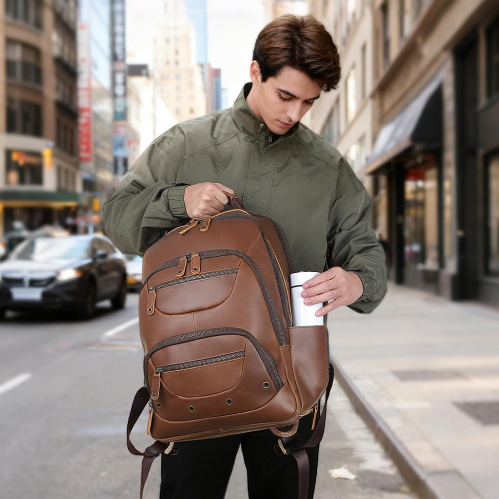 TIDING Leather Backpack for Men Fits 16' 15.6' Laptop, Vintage Business Travel Work Bag Large Overnight Weekender Daypack