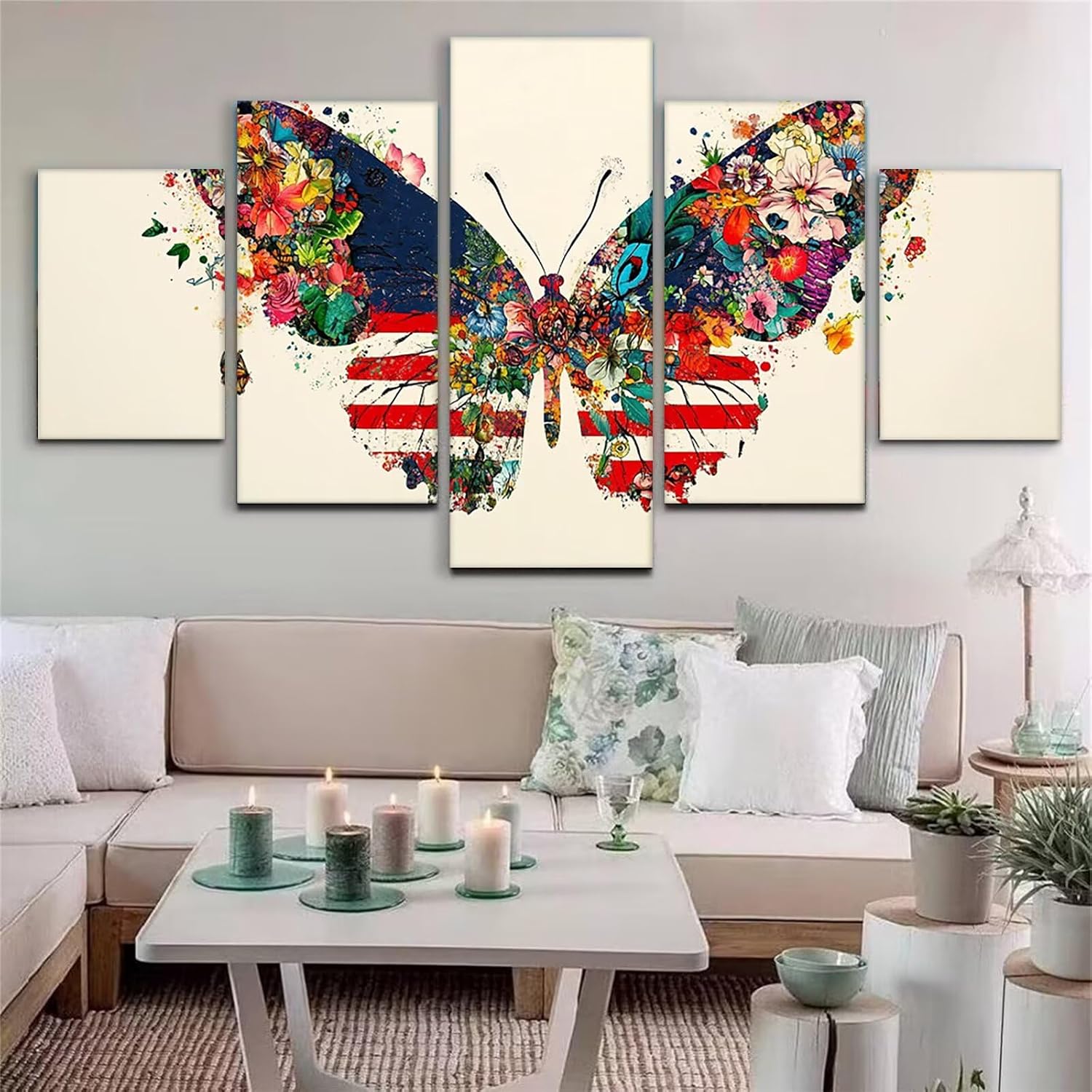 Butterfly Diamond Art 5 Piece Diamond Painting Flowers 5D DIY Full Square Drill Dimond Art Paintings Crystal Crafts for Adults Gem Painting for Home Decor, Large Artwork for Wall 44 x 90 Inch,Model120