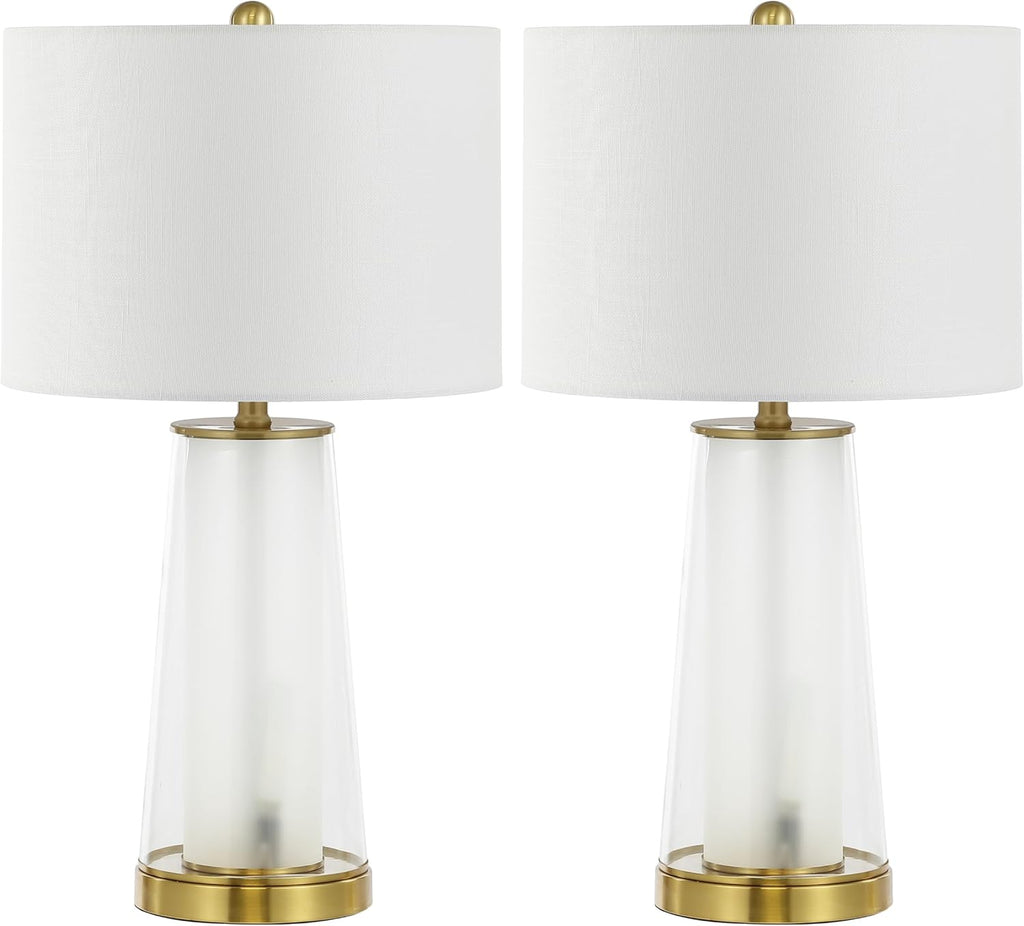 JONATHAN Y 26' Clear/Brass Gold Nightlight Table Lamp Set of 2 for Bedroom, Modern Glass Desk Lamps with White Fabric Shade, Farmhouse Living Room Decor, LED Bulbs Included JYL1137A-SET2