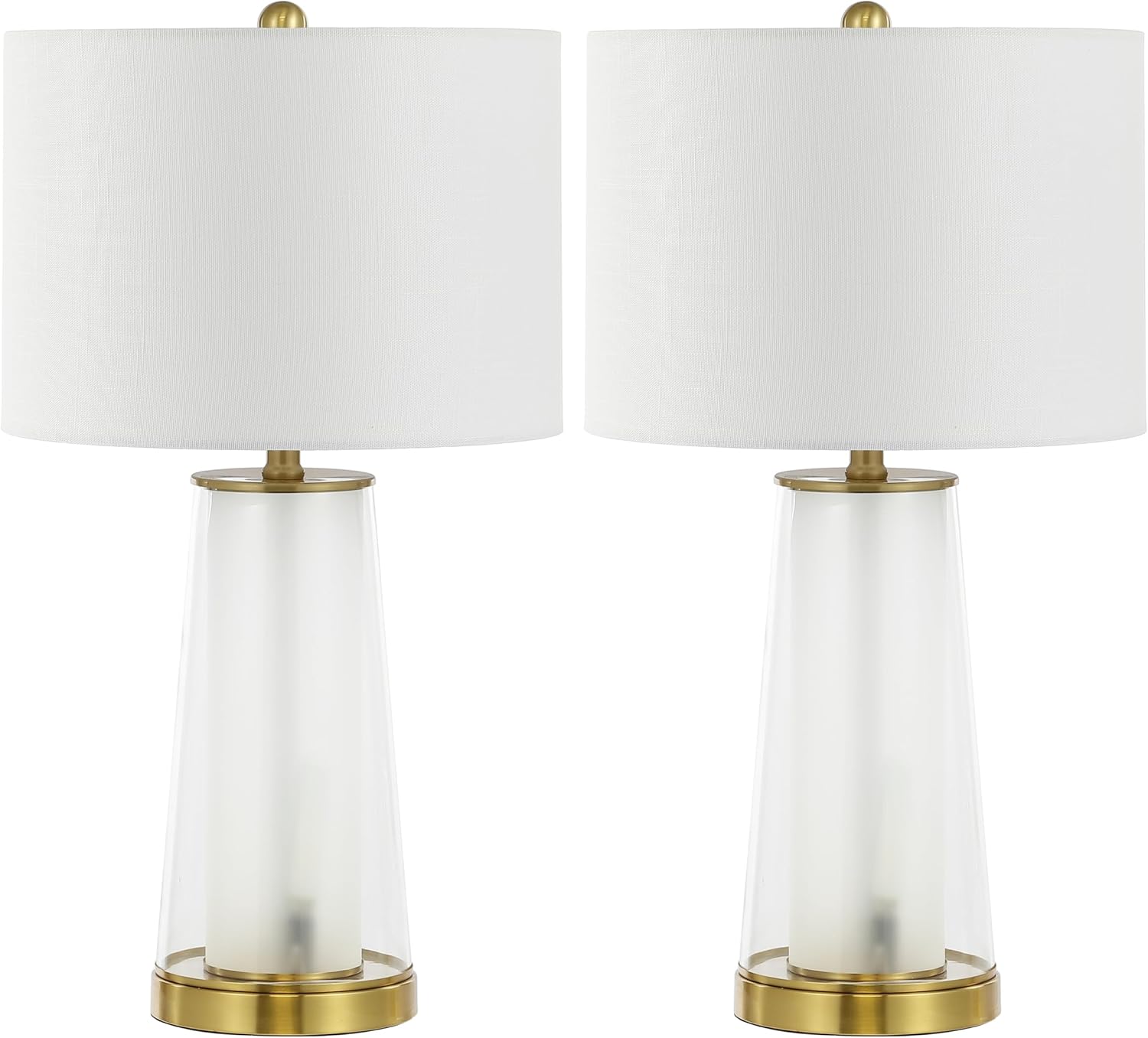 JONATHAN Y 26' Clear/Brass Gold Nightlight Table Lamp Set of 2 for Bedroom, Modern Glass Desk Lamps with White Fabric Shade, Farmhouse Living Room Decor, LED Bulbs Included JYL1137A-SET2