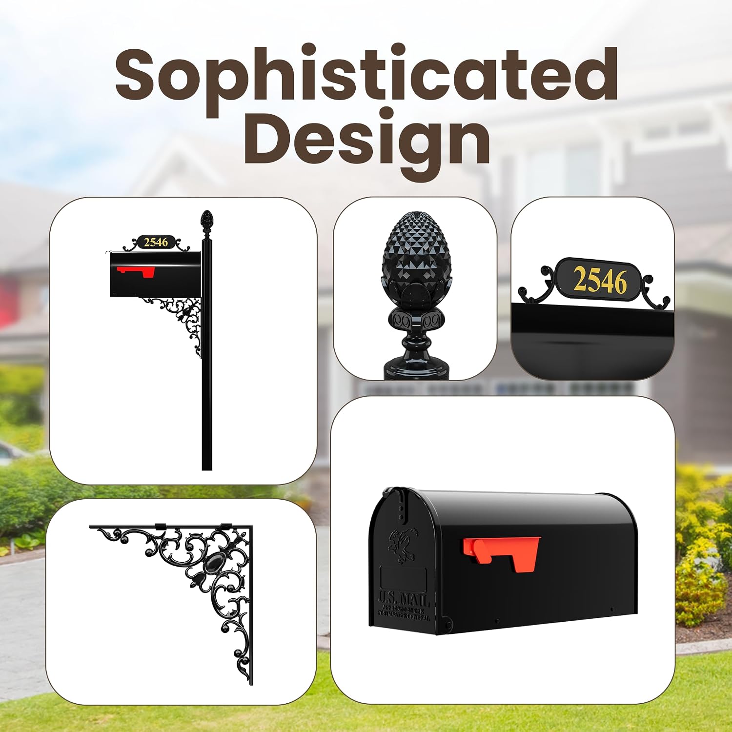 Oak Mailbox & Post Kit – Black Mailbox System – Includes Address Plaque, Bracket & Mounting Hardware – Rust Resistant Metal Mailbox with Decorative Finial