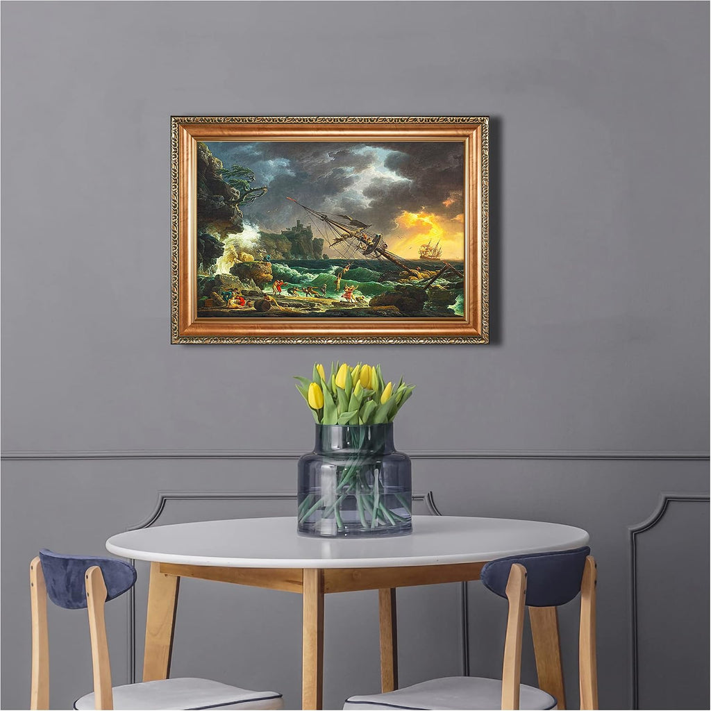 The Shipwreck Sailboat by Claude–Joseph Vernet Sailboat Warship Painting Reproductions Framed Size:28.5x20.5 inches,Image Size:24x16 inches World Classic Reproductions For HomeDecor,Gold Frame