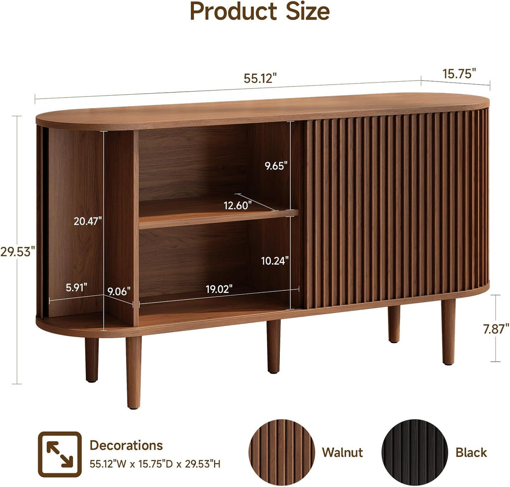 ONBRILL 55' Buffet Sideboard Cabinet with Sliding Doors, Mid-Century Modern Sideboard Buffet Cabinet with Storage & Adjustable Shelves, Accent Coffee Bar Console Table for Kitchen, Entryway, Walnut