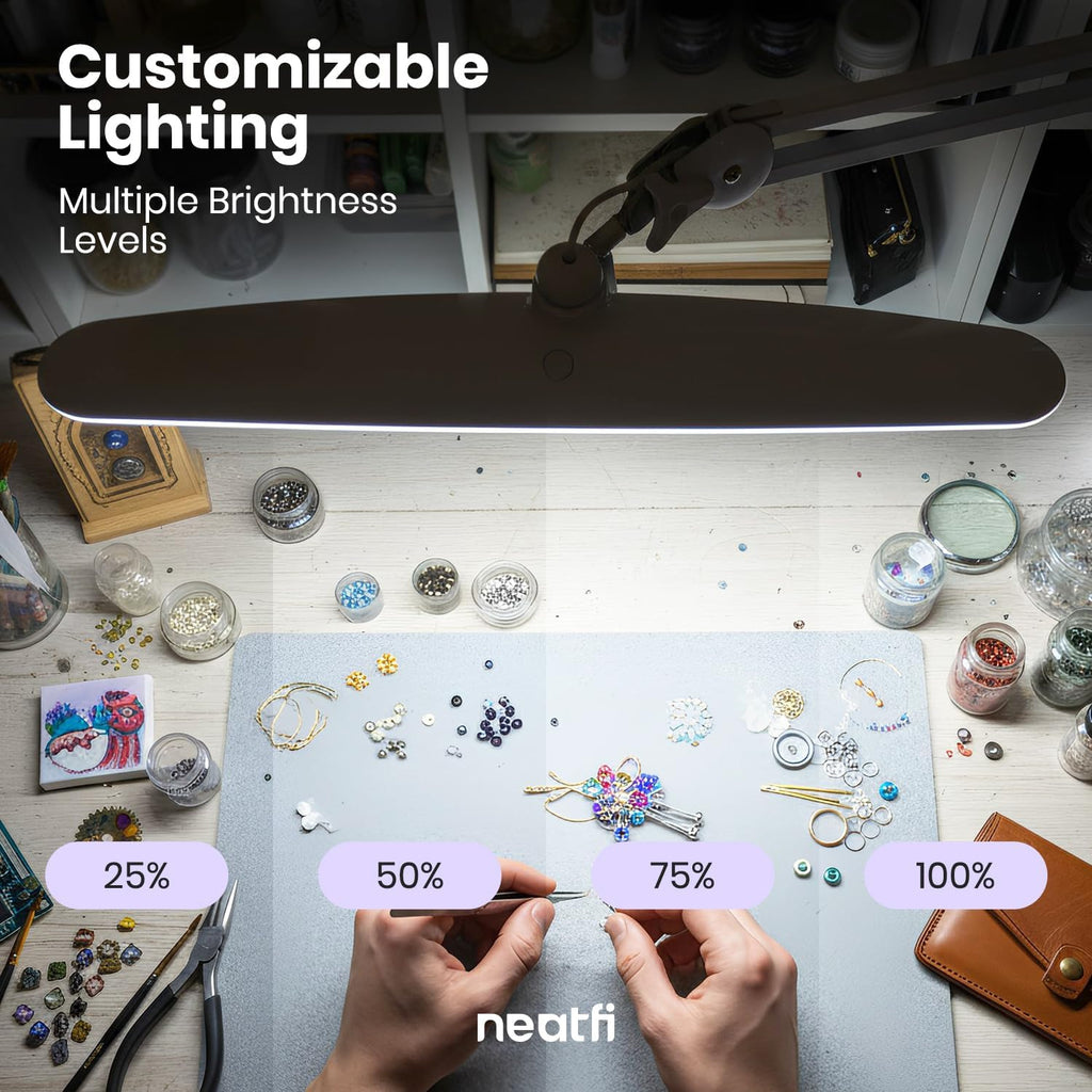 Neatfi XL 2,200 Lumens 24W LED Desk Lamp – 23' Wide Shade | Dimmable Eye-Caring Task Light | Adjustable Arm | Home Office, Study, Crafts & Nail Tech (White with Pink Ring, Non-CCT with Clamp)