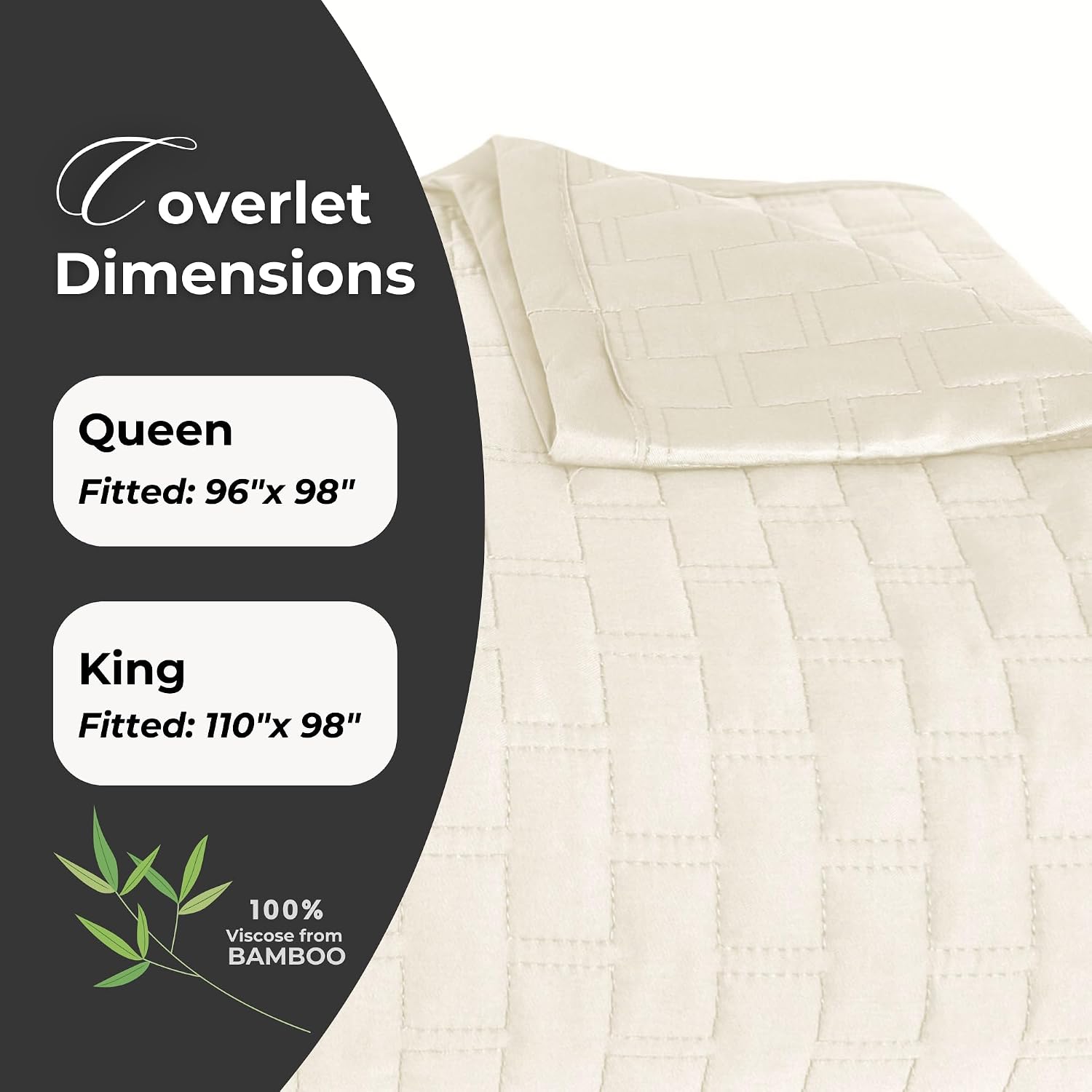 BedVoyage Luxury Queen Coverlet, 100% Viscose Derived from Bamboo, Reversible Cooling Quilt, Lightweight Bedspreads & Breathable Blanket, 96x98 Ultra Silky Soft & Temperature Regulating, Queen - Ivory