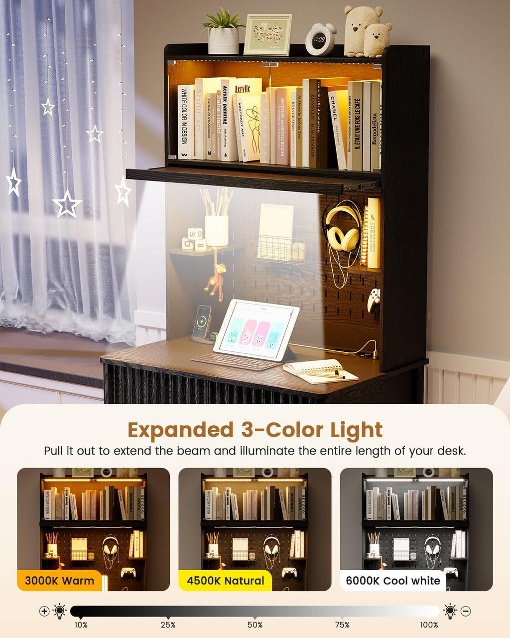 HNEBC Black Computer Desk - with Power Outlets & Chariging Station,Small Writing Desk with Hutch and Drawers,66.3''H Office Desk with Pull-Out LED Lights,Pop-up Glass Door,Pegboards,Bedroom