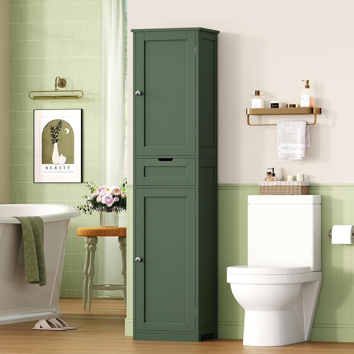 Iwell Tall Bathroom Storage Cabinet with 2 Doors & 1 Drawer, Narrow Storage Cabinet with Adjustable Shelves, for Living Room, Bathroom, Kitchen, Forest Green