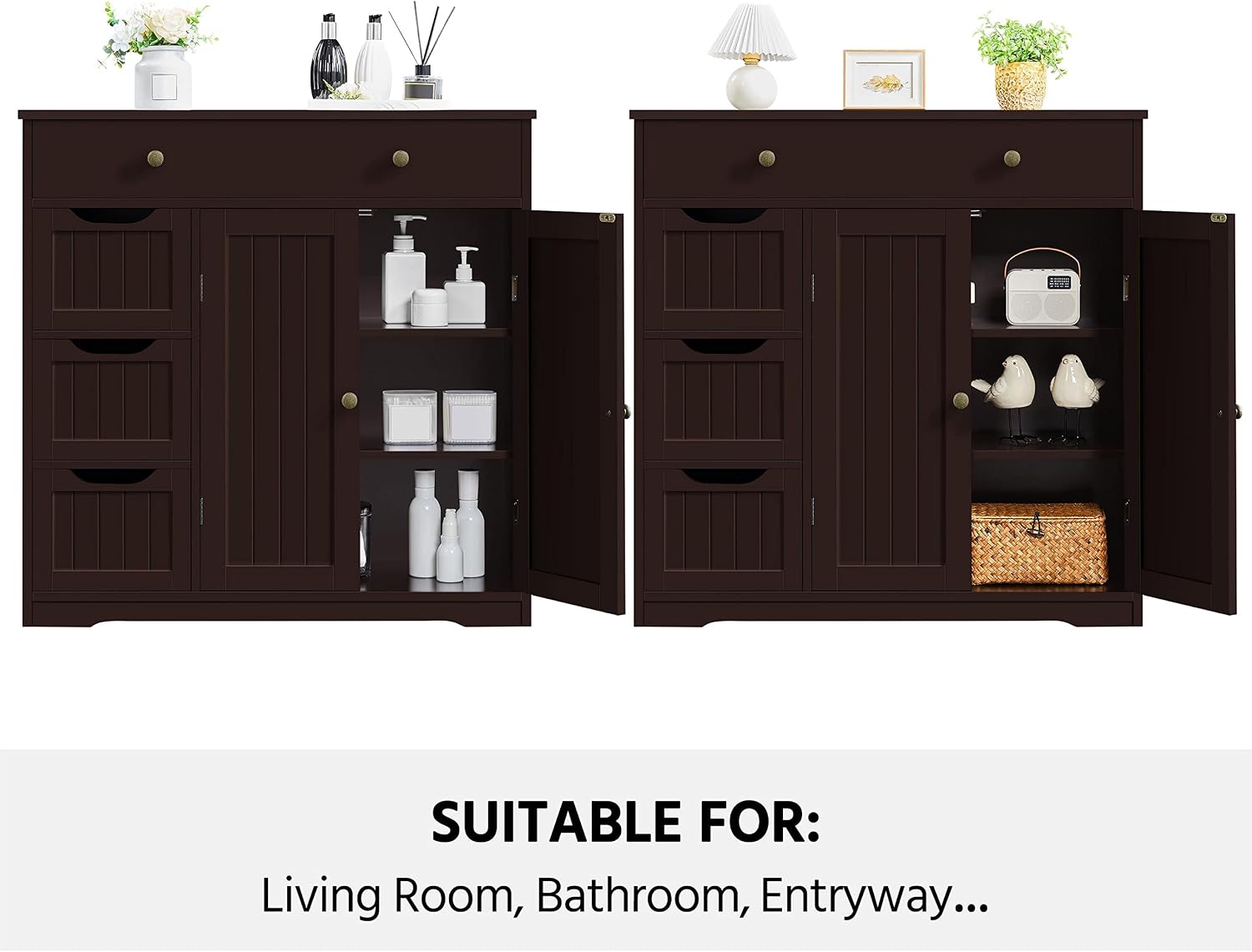 Topeakmart Bathroom Free-Standing Floor Cabinet, Practical Large Storage Cabinet with 4 Drawers and 2 Doors for Kitchen, Entrance Area, Living Room, Adjustable Shelf, Ample Space Espresso
