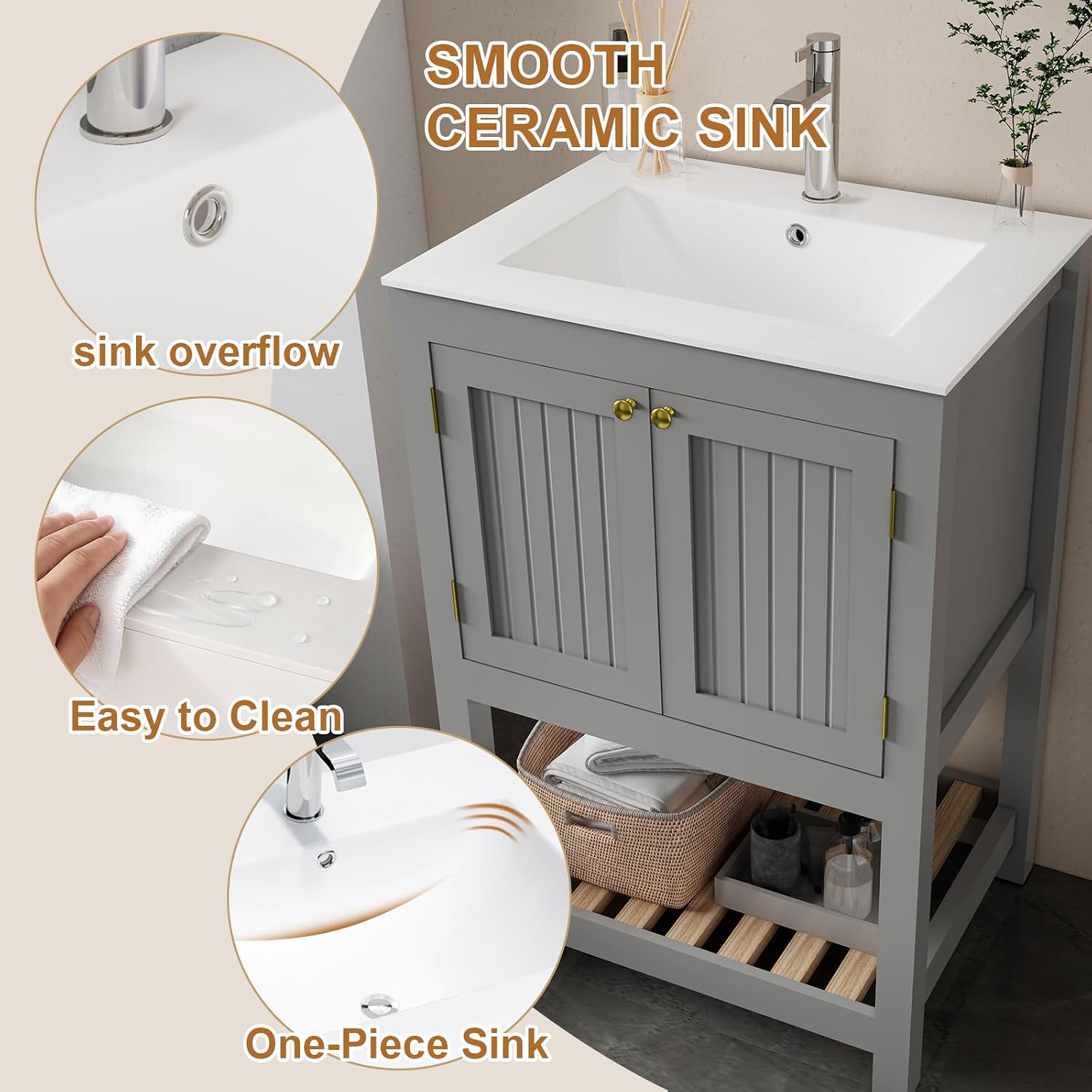 24 Inch Small Bathroom Vanity with Sink, Modern Bathroom Sink Cabinet with Open Shelf, Ceramic Basin, Gray