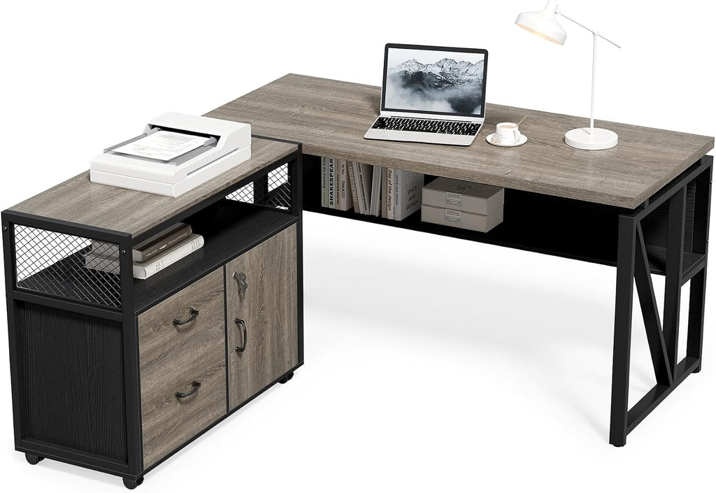 LITTLE TREE 55' Executive Computer Desk and Lateral File Cabinet, L-Shaped Office Desk for Home Office, Furniture Set, Grey