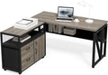 LITTLE TREE 55' Executive Computer Desk and Lateral File Cabinet, L-Shaped Office Desk for Home Office, Furniture Set, Grey