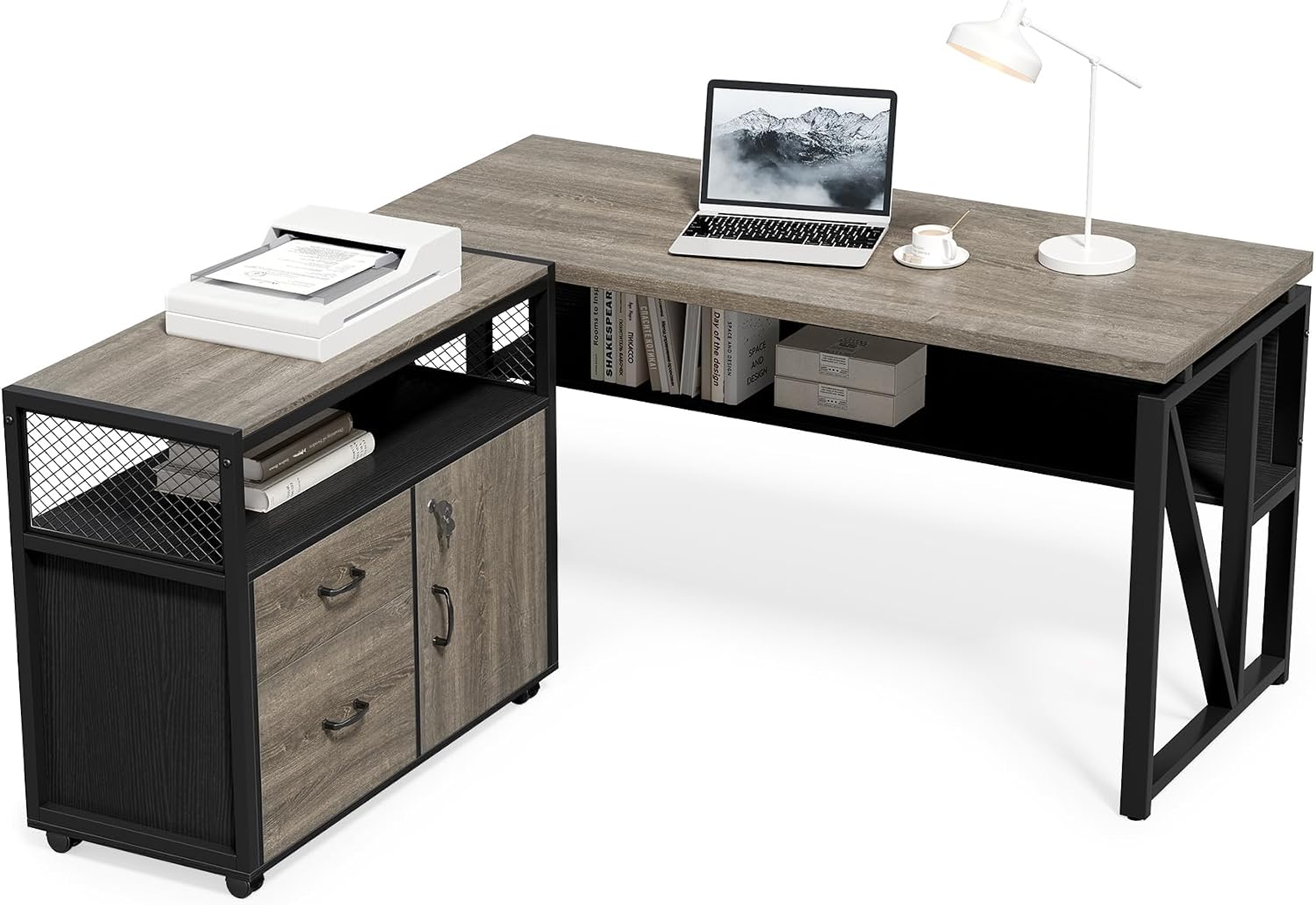 LITTLE TREE 55' Executive Computer Desk and Lateral File Cabinet, L-Shaped Office Desk for Home Office, Furniture Set, Grey