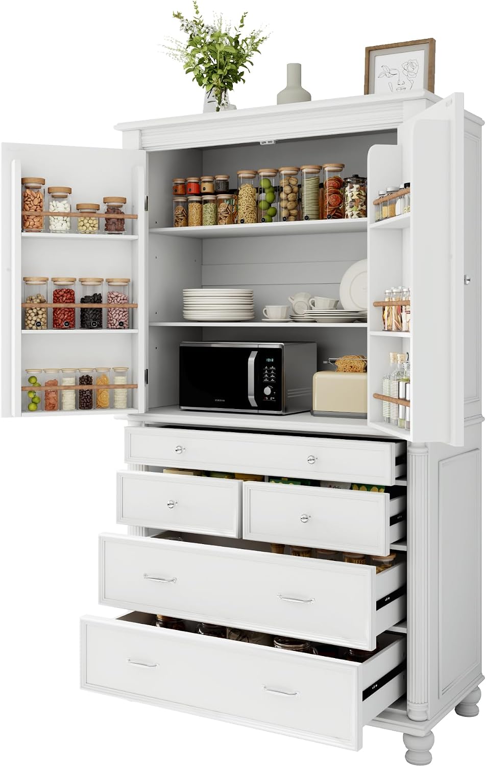77.3 inch Tall Kitchen Pantry Cabinet with 6 Door Shelves and 2 Adjustable Shelves, Wooden Storage Cabinet Cupboard with 6 Drawers for Kitchen, Dining (White-83)