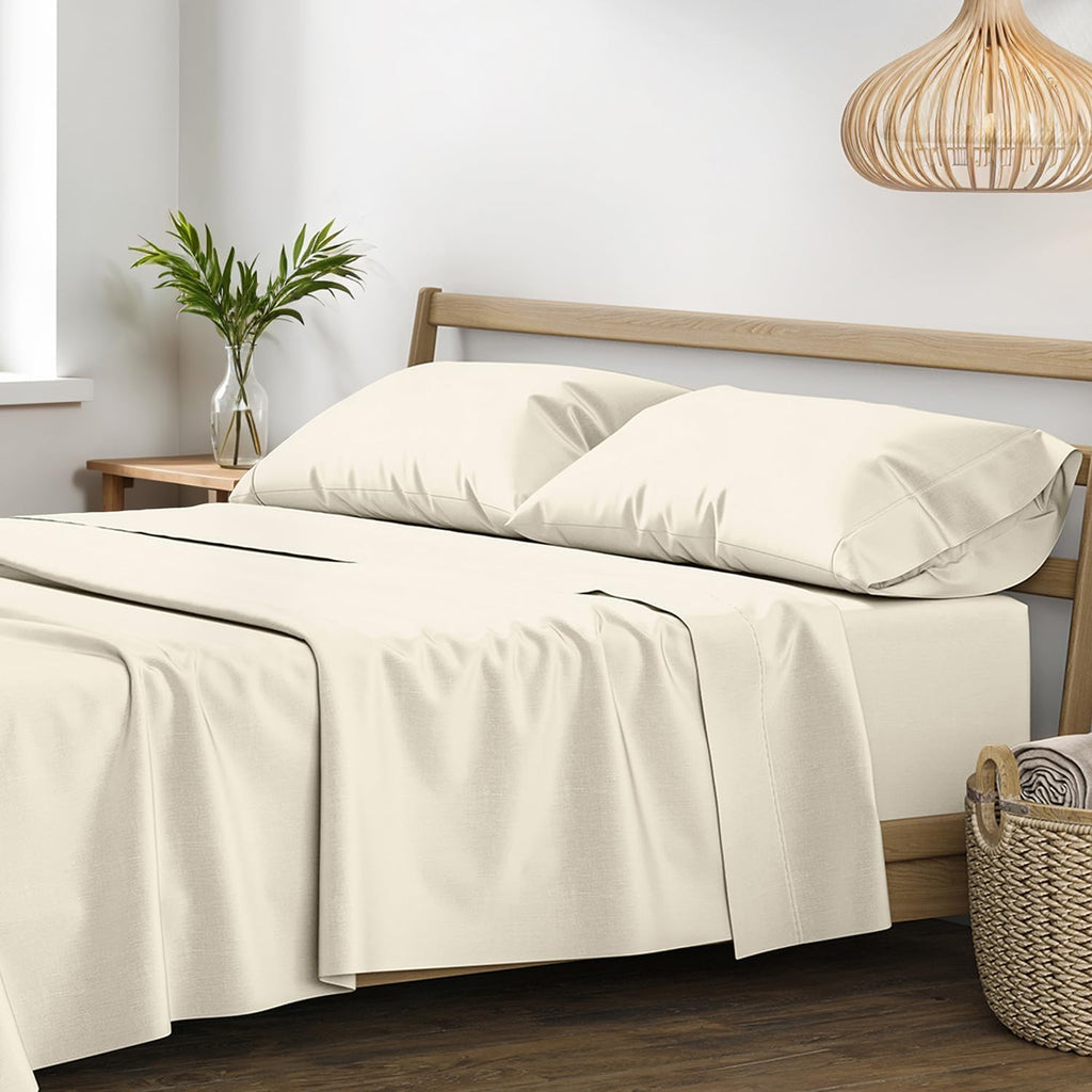 XOOX Linen 100% Egyptian Cotton Queen Sheet set - Luxury 1200 High Thread Count Egyptian Cotton Sheets Queen Size Bed Set (4 PC, Ivory), Silky Soft, Cooling, 17' Deep Pocket Sateen Weave Hotel Bedding