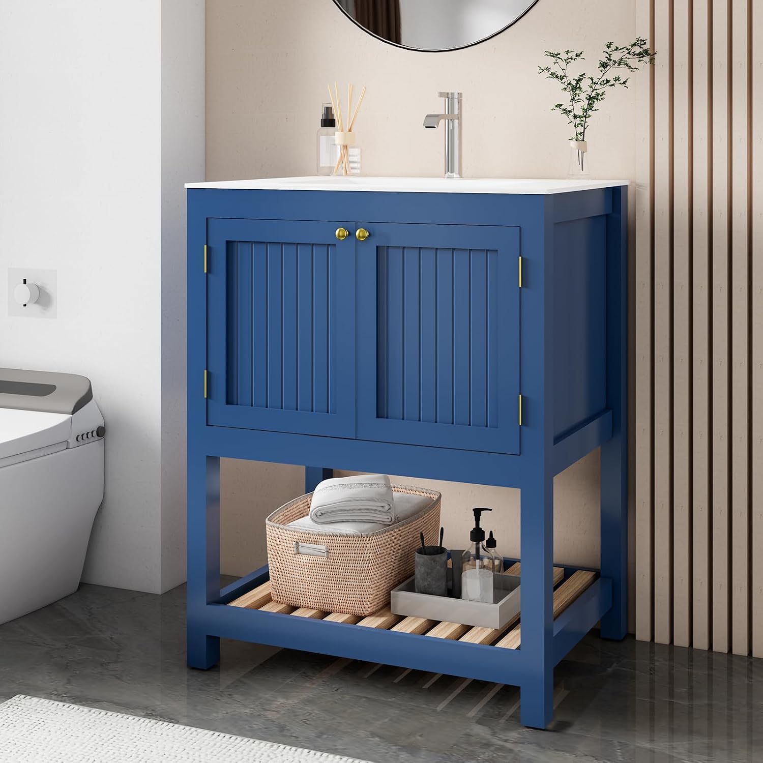 30 Inch Bathroom Vanity with Sink, Modern Bathroom Sink Cabinet with Open Shelf, Ceramic Basin, Freestanding Bathroom Vanities, Blue