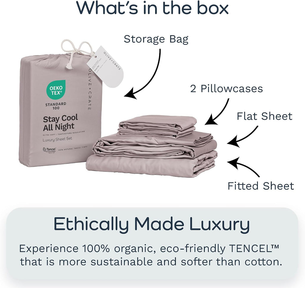 Olive + Crate Tencel Lyocell Eucalyptus Queen Size Sheet Set - Cooling Tencel Sheets for Hot Sleepers with 18 Inch Deep Pocket Fit - Dusk 4-Piece Set