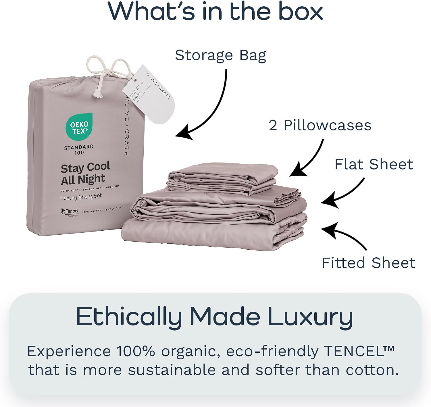Olive + Crate Tencel Lyocell Eucalyptus Queen Size Sheet Set - Cooling Tencel Sheets for Hot Sleepers with 18 Inch Deep Pocket Fit - Dusk 4-Piece Set