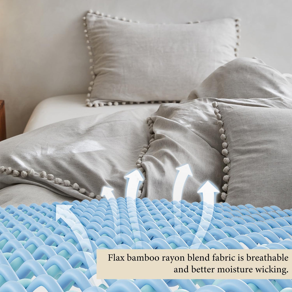 Simple&Opulence French Linen Blended Duvet Cover Queen, Flax Viscose Derived from Bamboo Bedding Set with Pom Pom Trim Soft Cooling for Hot Sleepers, 1 Boho Comforter Cover and 2 Pillow Shams, Linen