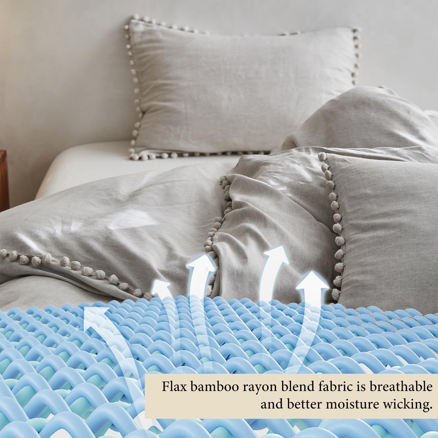 Simple&Opulence French Linen Blended Duvet Cover Queen, Flax Viscose Derived from Bamboo Bedding Set with Pom Pom Trim Soft Cooling for Hot Sleepers, 1 Boho Comforter Cover and 2 Pillow Shams, Linen