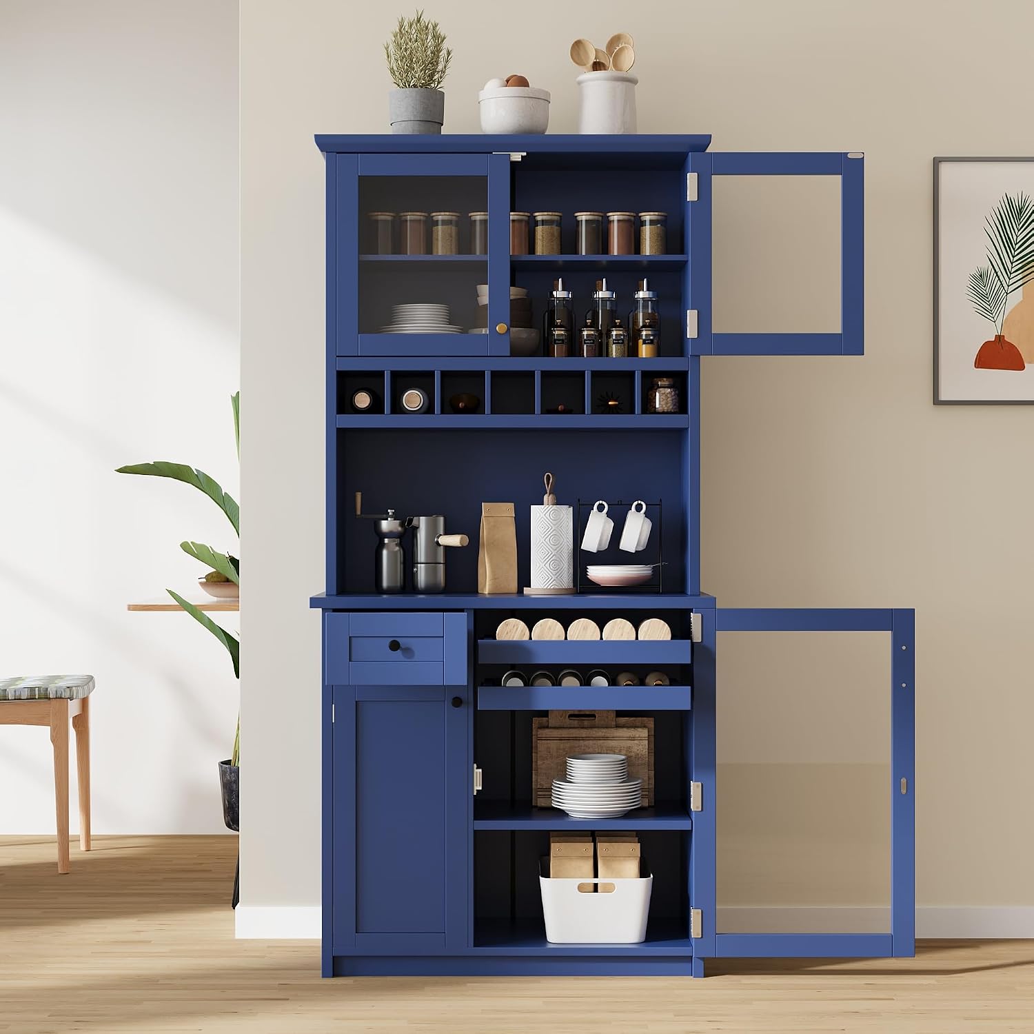 Modern 74.8 inch Tall Kitchen Pantry, Freestanding Buffet with Hutch, Kitchen Pantry Storage Cabinet with Wine Rack and Adjustable Shelves for Dining Room (Blue//1)