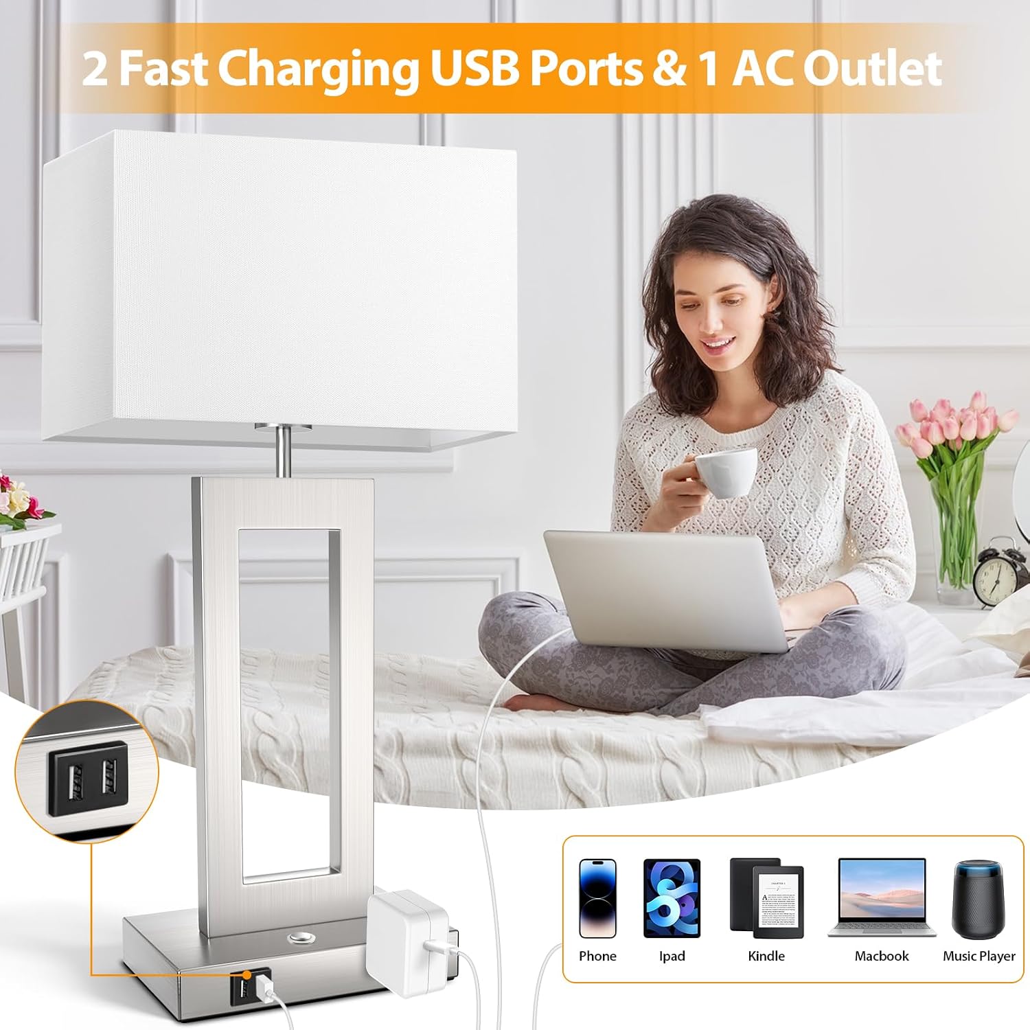 Table Lamps for Bedrooms Set of 2, 27.2'' Tall Modern Silver Lamps for Living Room Nightstand, Touch Control Bedside Lamps with 2 USB Ports&AC Outlet, Stepless Dimming, 3 Color Temp. Bulbs Covered