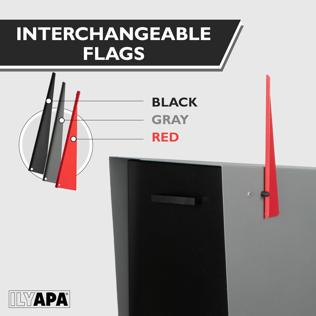 Ilyapa Modern Mailbox with Angle Design Post Mount - Gray Powder Coated Metal Mailbox with Black Door - Waterproof for Parcels, with Magnetic Door