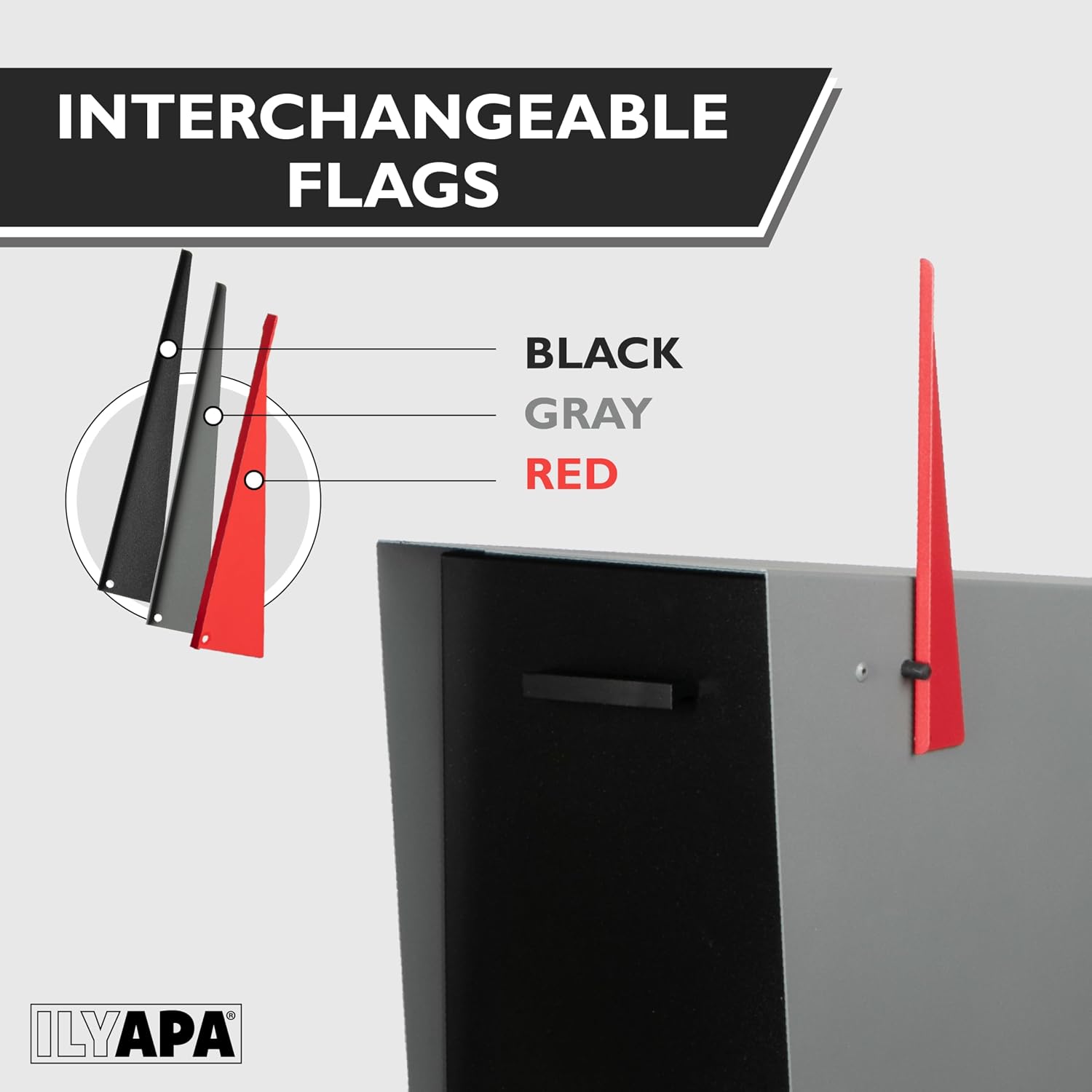 Ilyapa Modern Mailbox with Angle Design Post Mount - Gray Powder Coated Metal Mailbox with Black Door - Waterproof for Parcels, with Magnetic Door