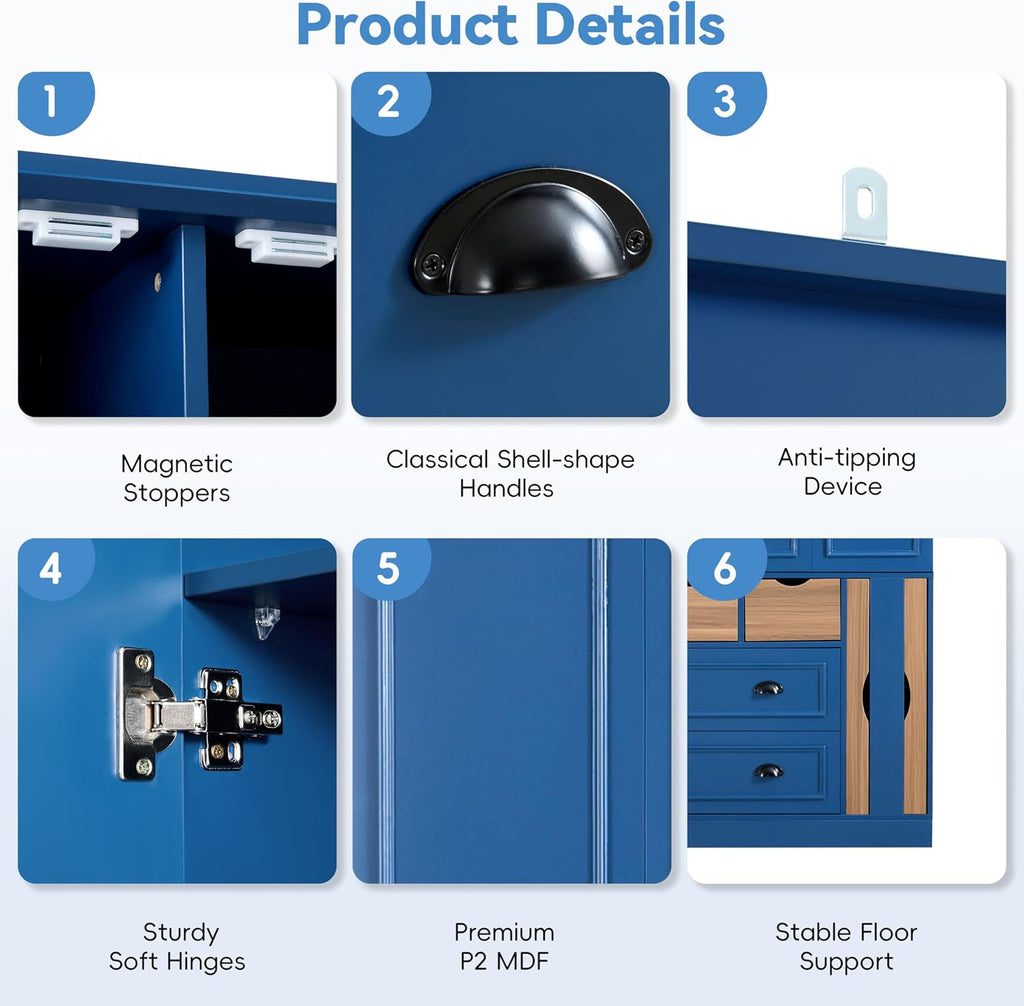 Merax 71' H Tall Kitchen Pantry Cabinet with Outlet, Modern Kitchen Hutch with Microwave Stand and Wine Racks, Large Food Pantry Storage Cabinet with Serving Trays and Drawers, Navy Blue