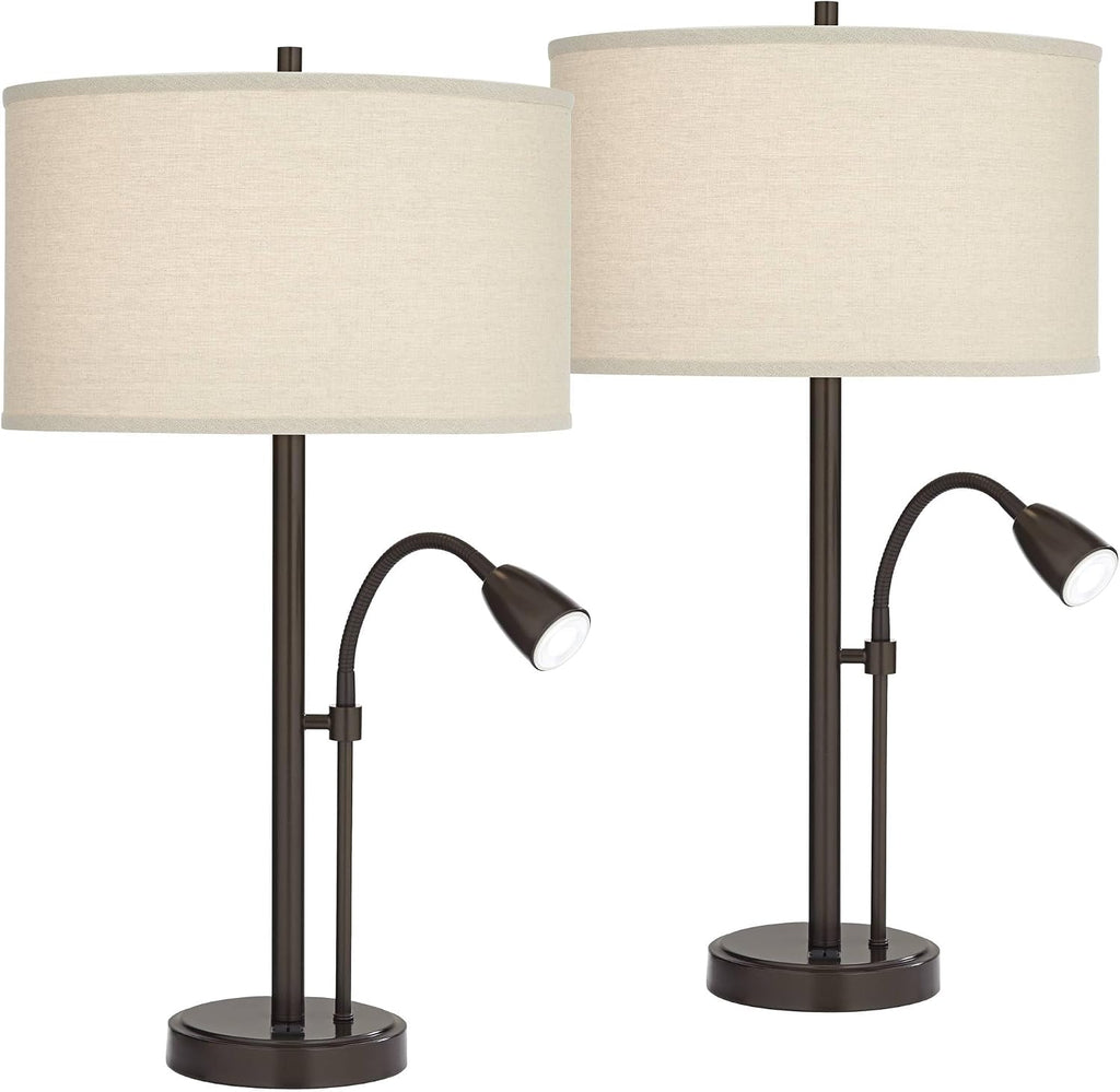 Possini Euro Design Traverse 29' Tall Modern Set of 2 Table Lamps with USB Ports A+C Charging Gooseneck LED Bronze Oatmeal Shade for Living Room Bedroom House Bedside Nightstand Home Office