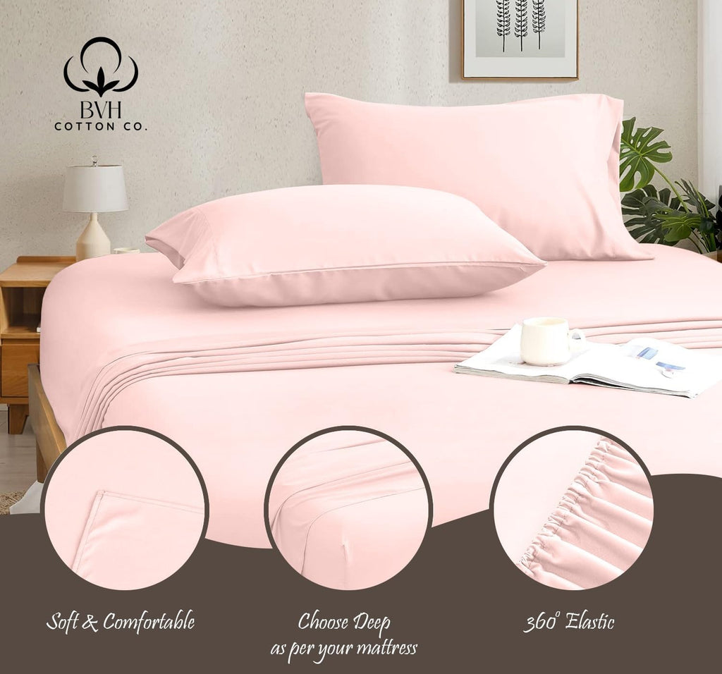 Egyptian Cotton Queen Size Sheet Set, 4Pc Bed Set, Soft & Breathable Percale Weave, Fits 10-12' Deep Pocket, Hotel-Quality 1000 Series Bed Sheets (Solid, Light Pink)