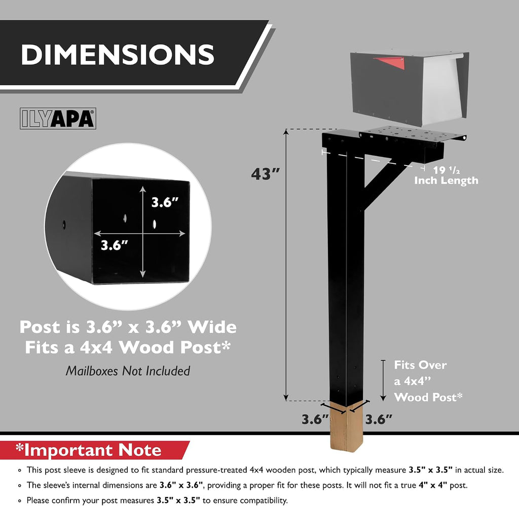 Ilyapa Black Metal Mailbox Post for Outside, 43x4x4 inch Metal Post Sleeve with Two Universal Mailbox Mounting Bracket for Curbside Residential Mail Box, Arm Style